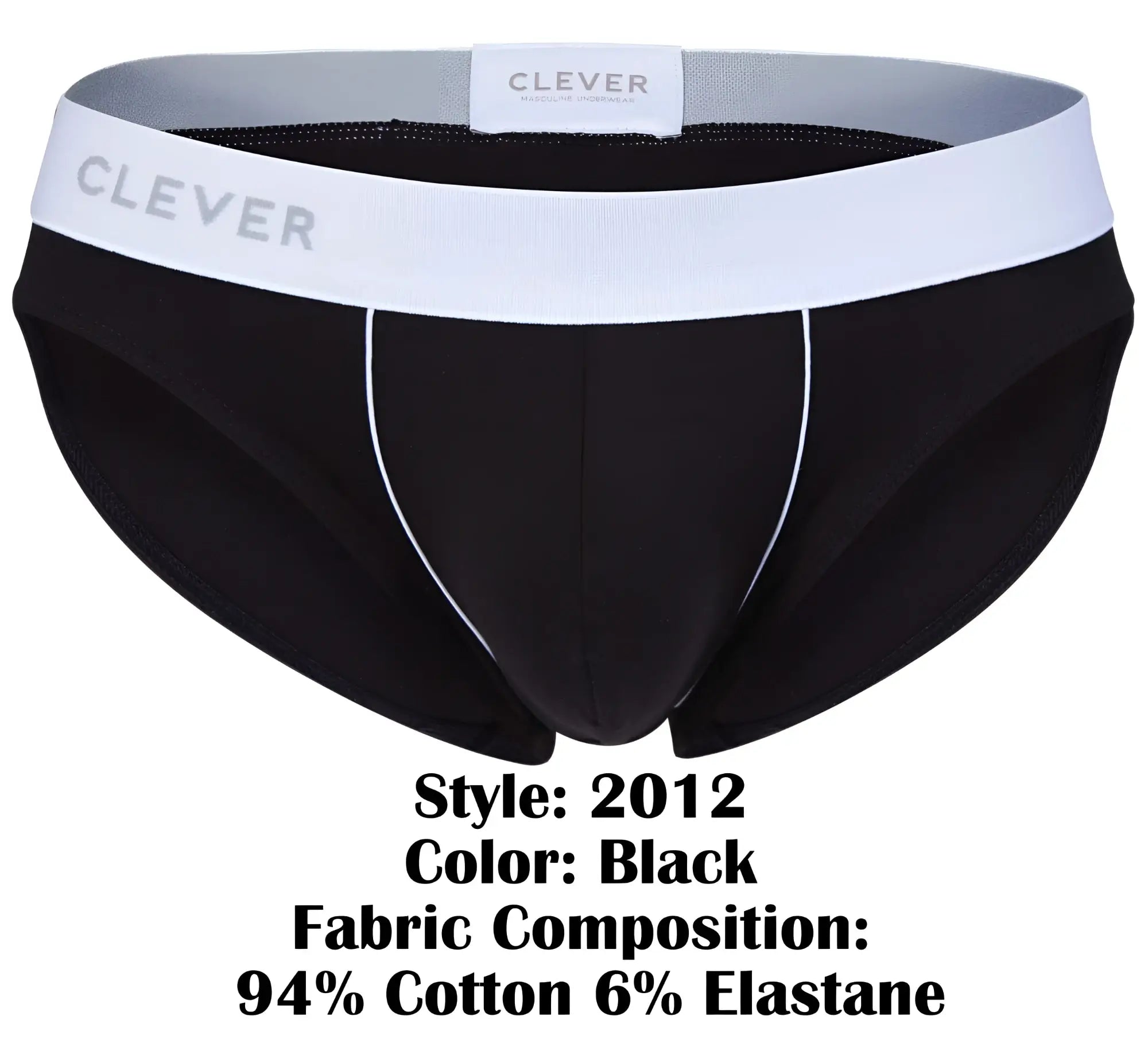 Black clever 2012 origen briefs with white waistband gray logo and subtle side stitching for comfortable support