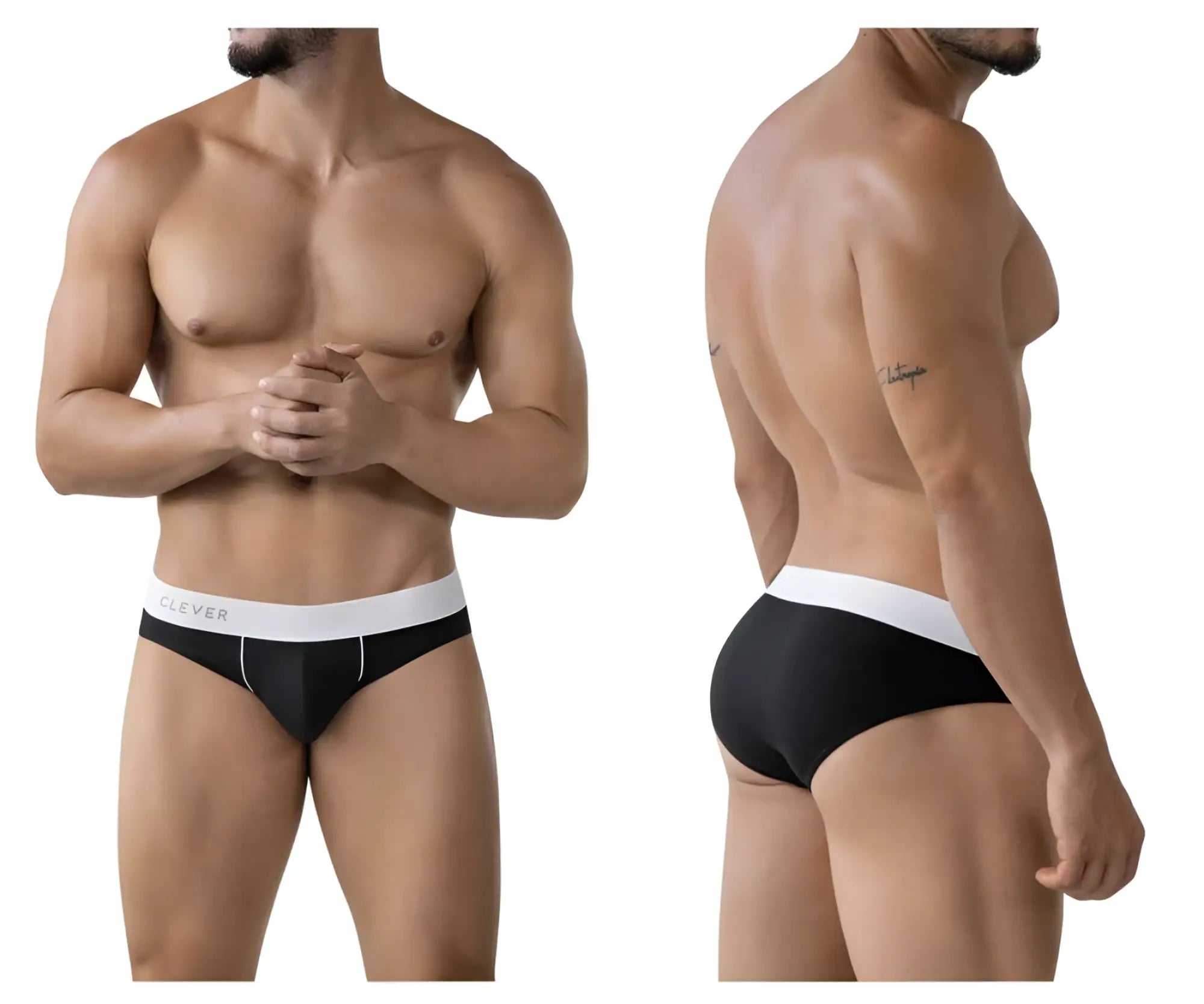 Black clever 2012 origen briefs with white waistband featuring clever brand name in black lettering