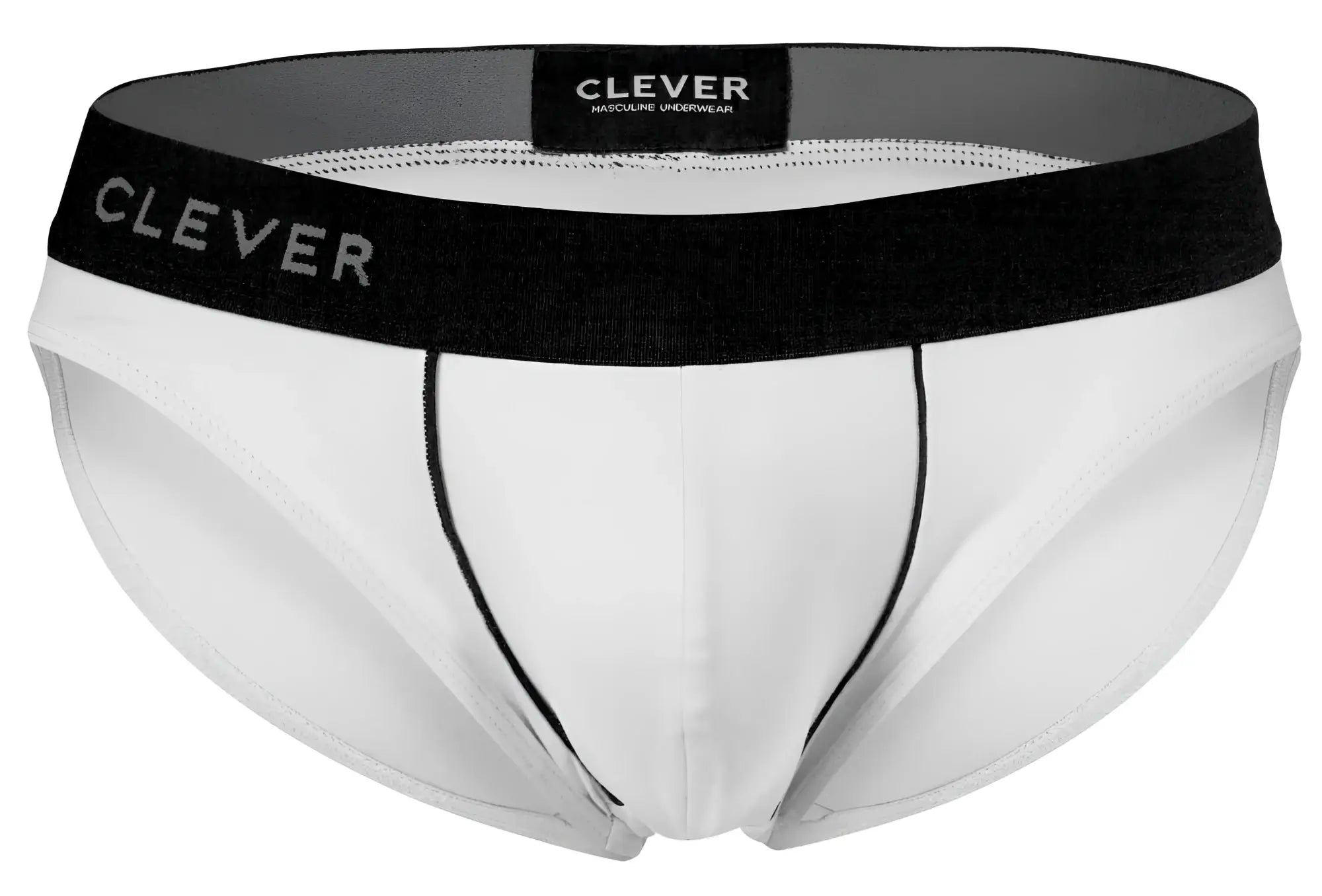 White clever 2012 origen briefs with black elastic waistband and gray brand lettering, comfortable men’s underwear