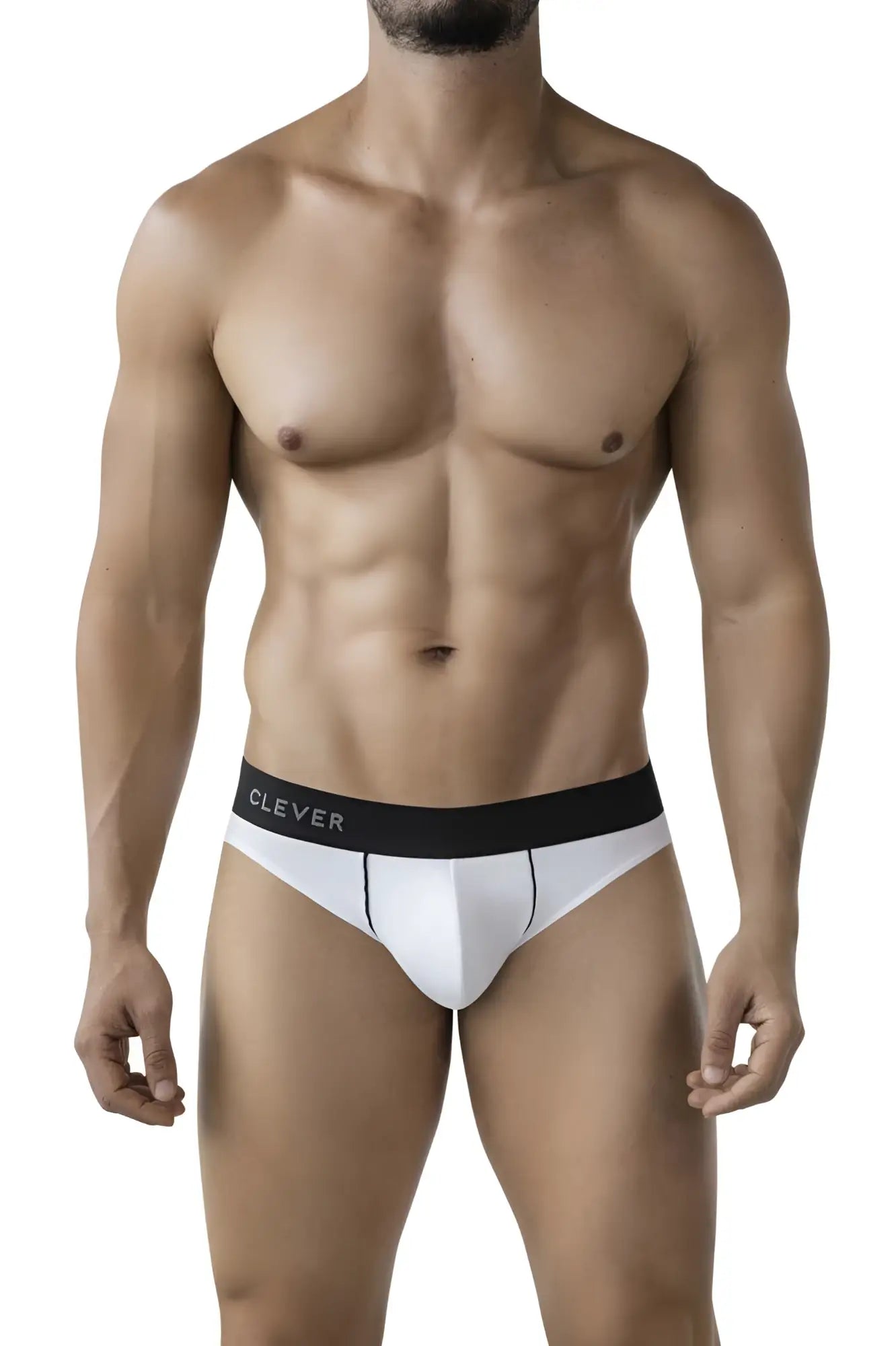 White clever 2012 origen briefs with a black waistband featuring the brand name in white lettering