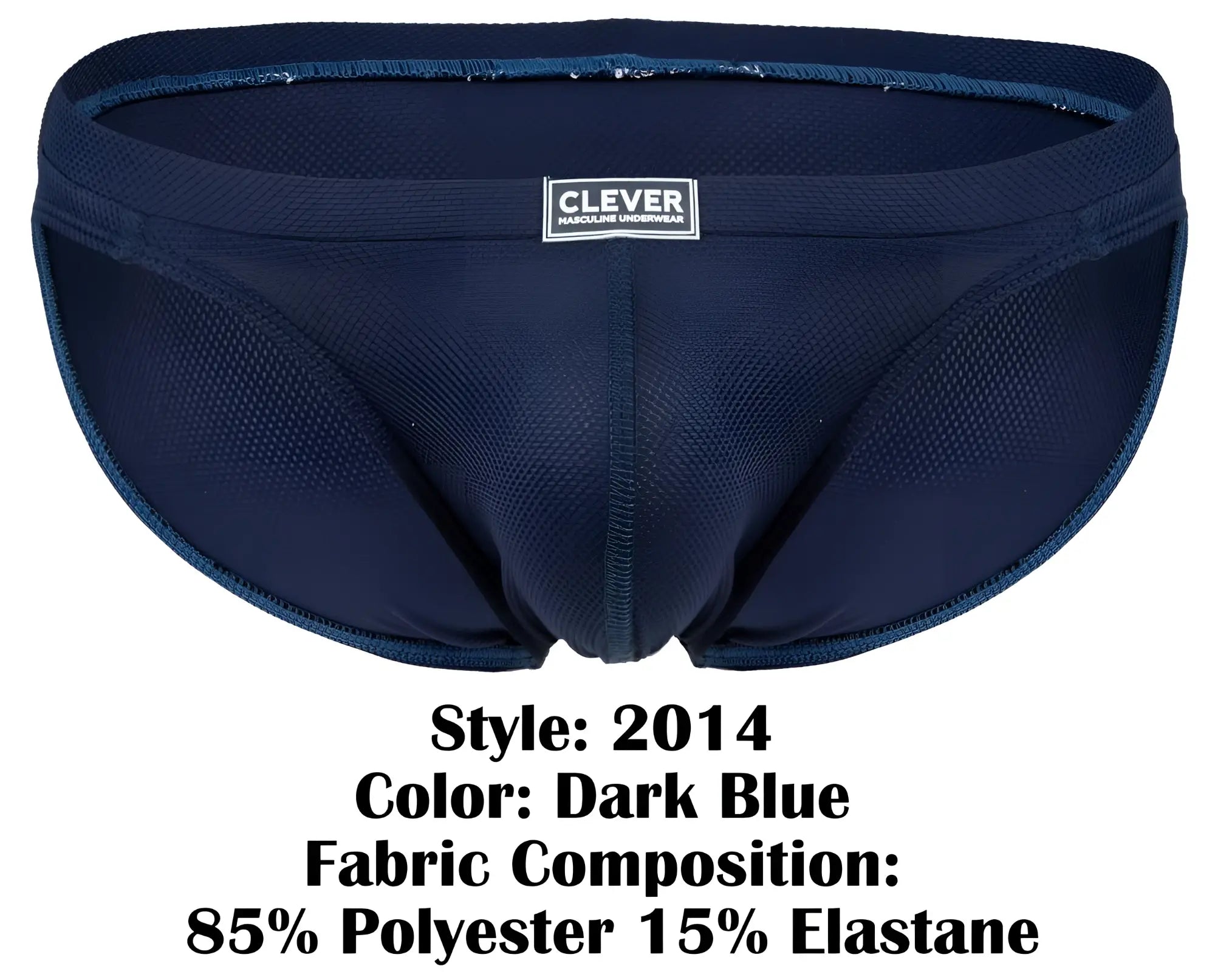 Dark blue clever 2014 reto men’s briefs made with a mesh fabric blend of 85 percent polyester and 15 percent elastane