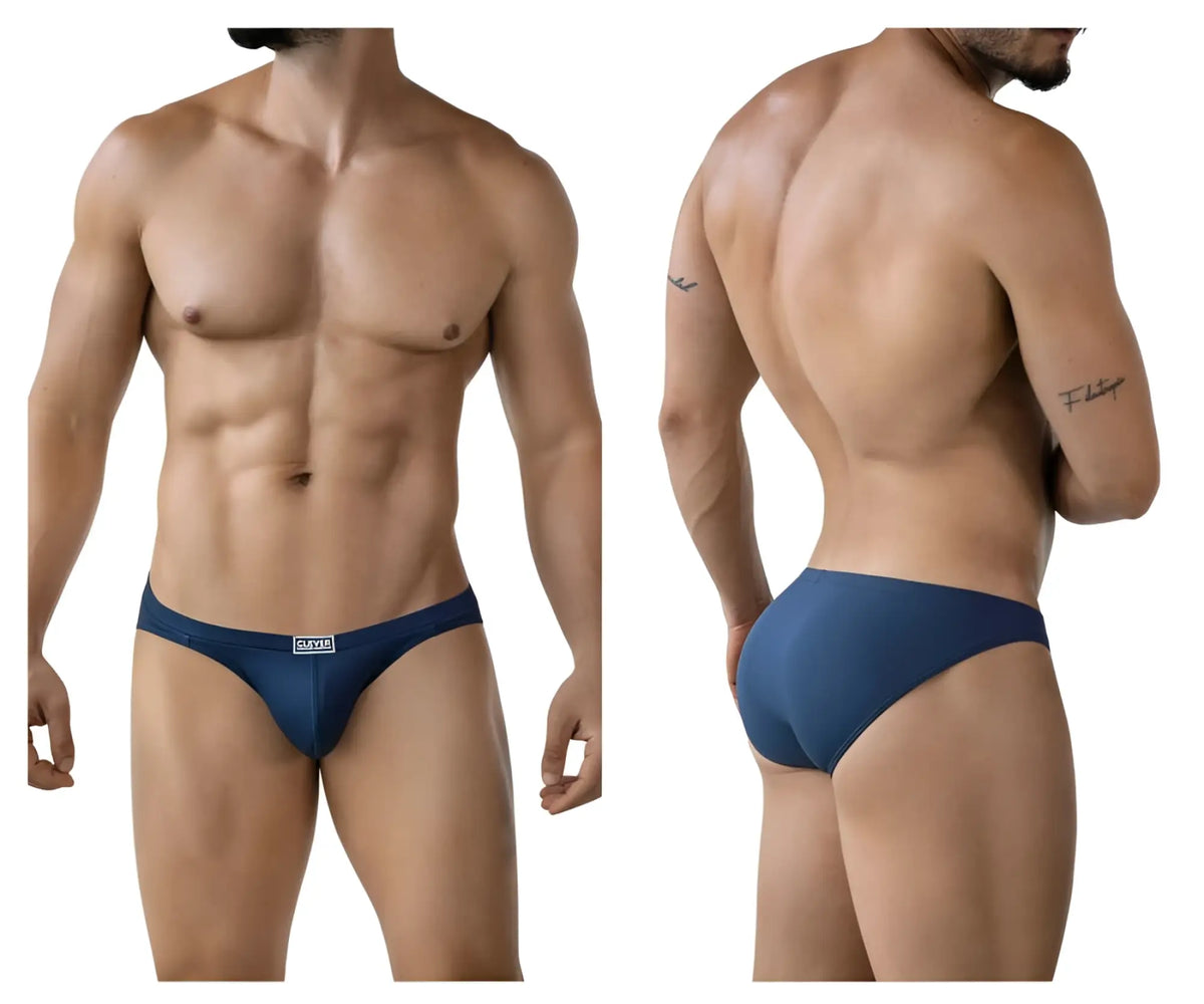 Navy blue men’s briefs with a small white Clever logo on the waistband in breathable cotton fabric