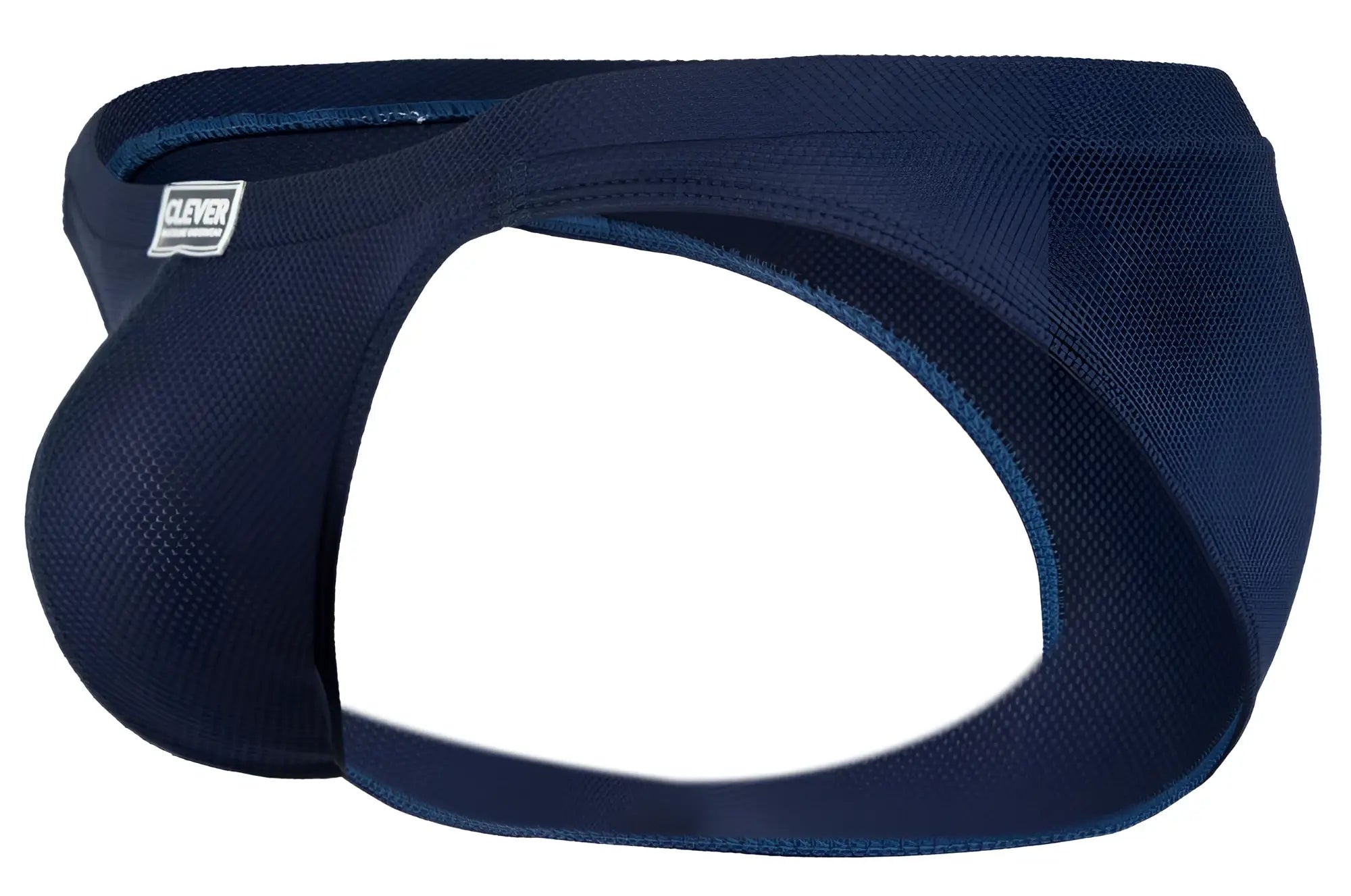 Navy blue textured fabric clever 2014 reto briefs with subtle darker trim and clever logo on waistband front view