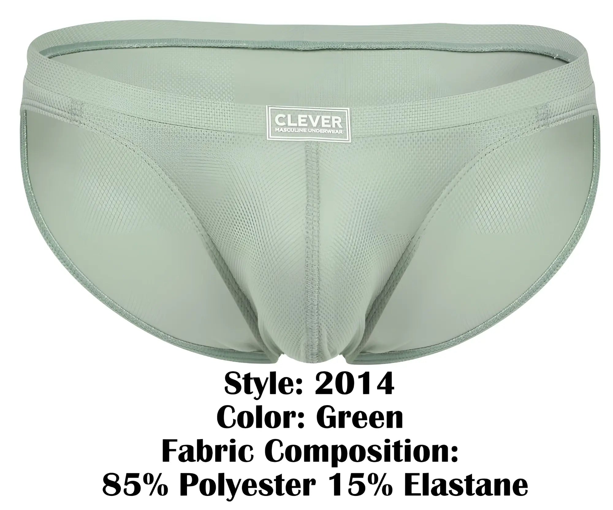 A sleek light green clever 2014 reto men’s brief made of breathable 85 polyester 15 elastane mesh fabric blend