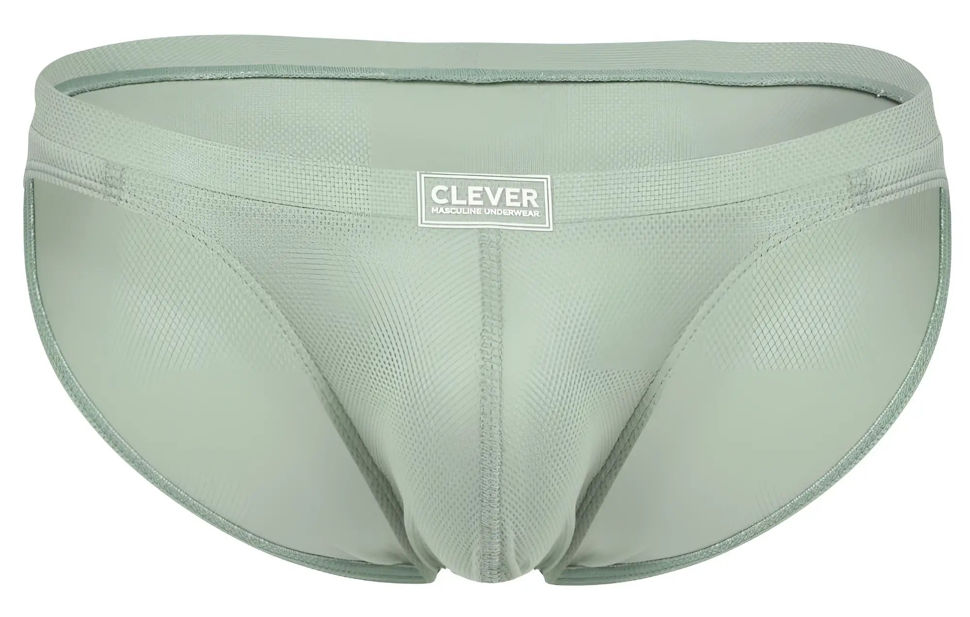 A sleek clever 2014 reto men’s brief in light sage green with smooth textured fabric and subtle stitching details