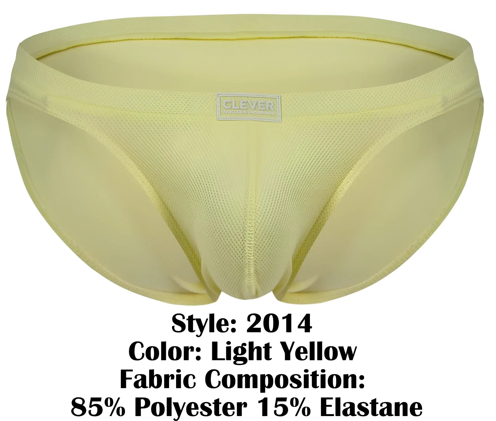 Light yellow clever 2014 reto briefs made of 85 polyester 15 elastane with a subtle textured weave and branded label