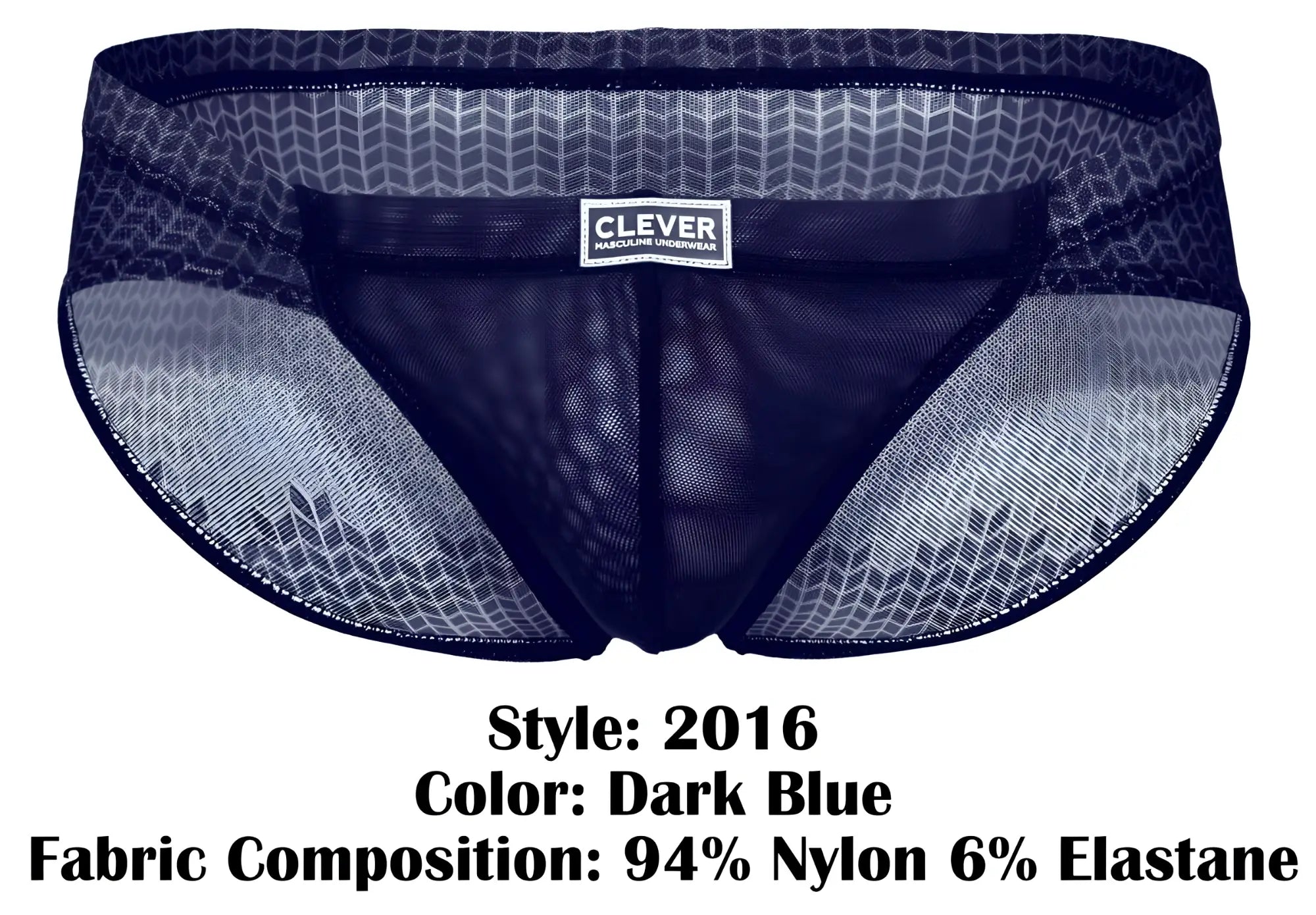 Dark blue clever 2016 mosaico briefs with subtle geometric mesh pattern and branded label on front side