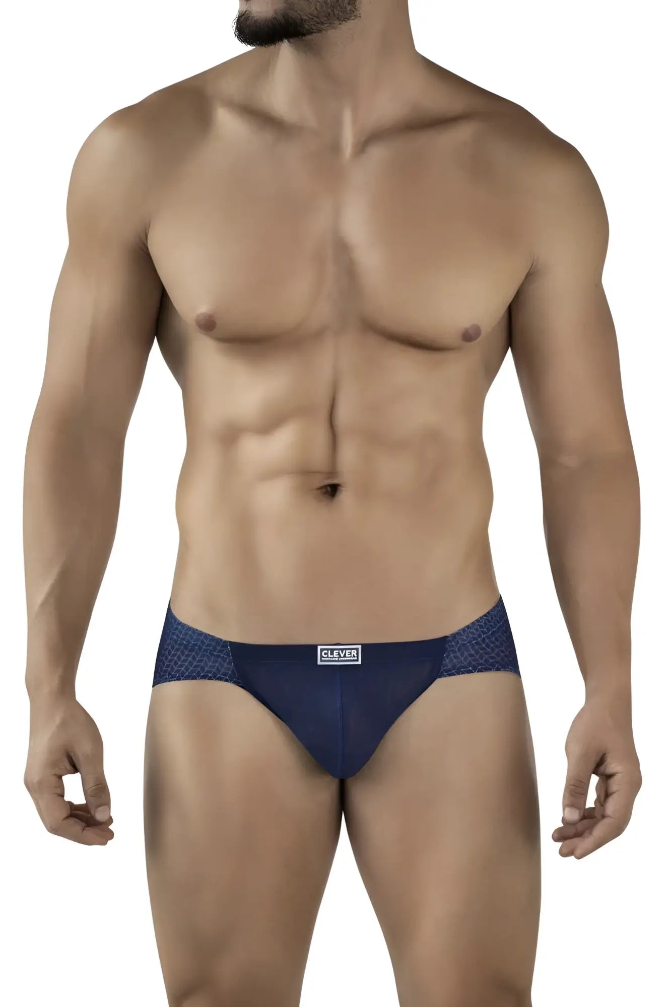 Navy blue clever 2016 mosaico briefs with subtle textured pattern and small white clever brand label on the front