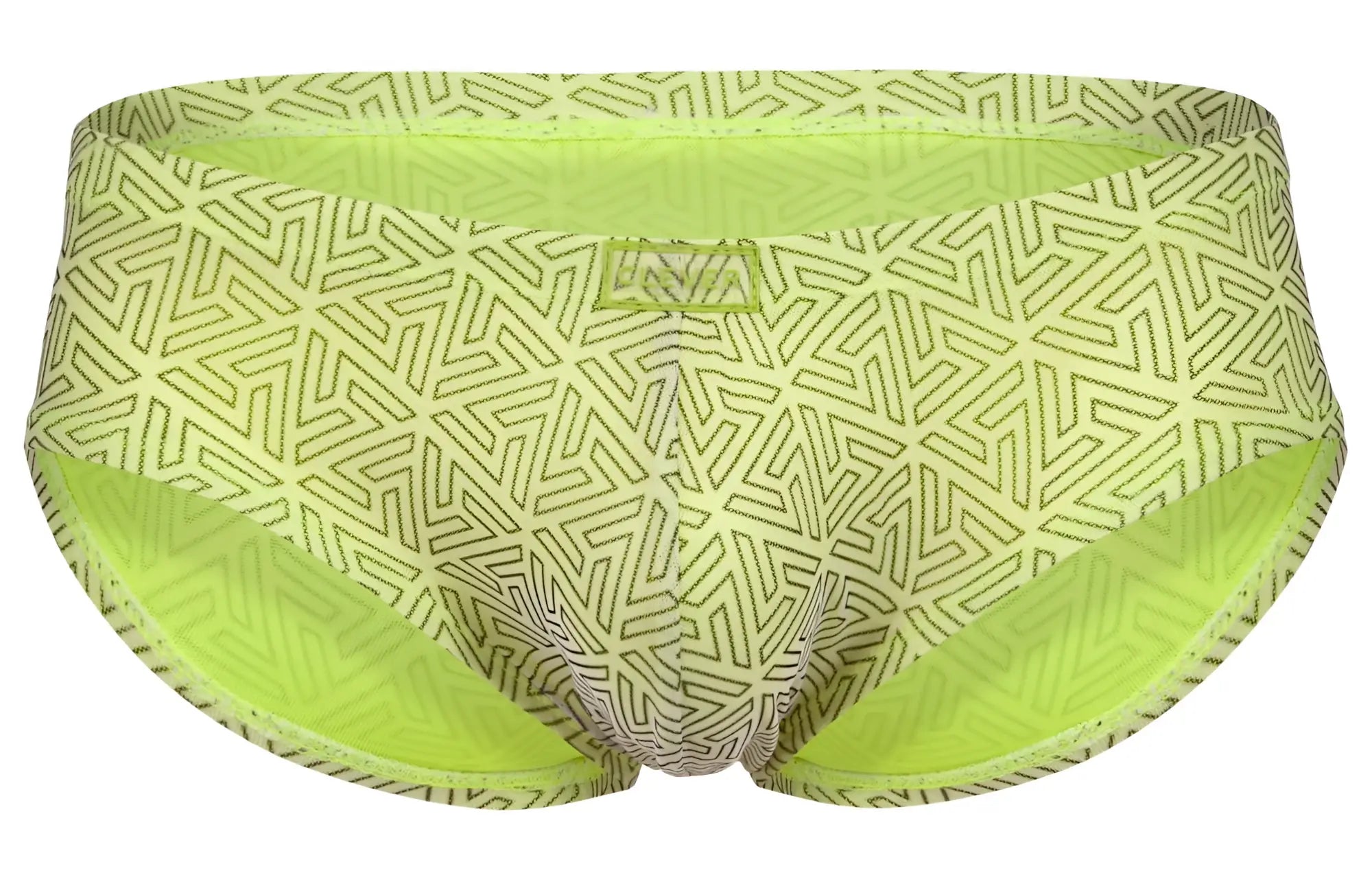 Lime green clever 2017 neon briefs with geometric pattern and contrasting inner lining for swimwear use
