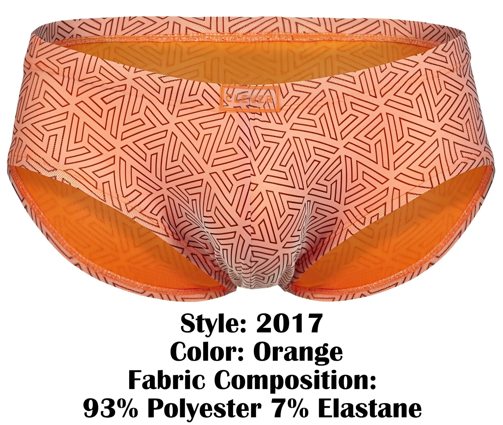 Orange patterned briefs with geometric design and lining made of 93 polyester 7 elastane by clever 2017 neon briefs