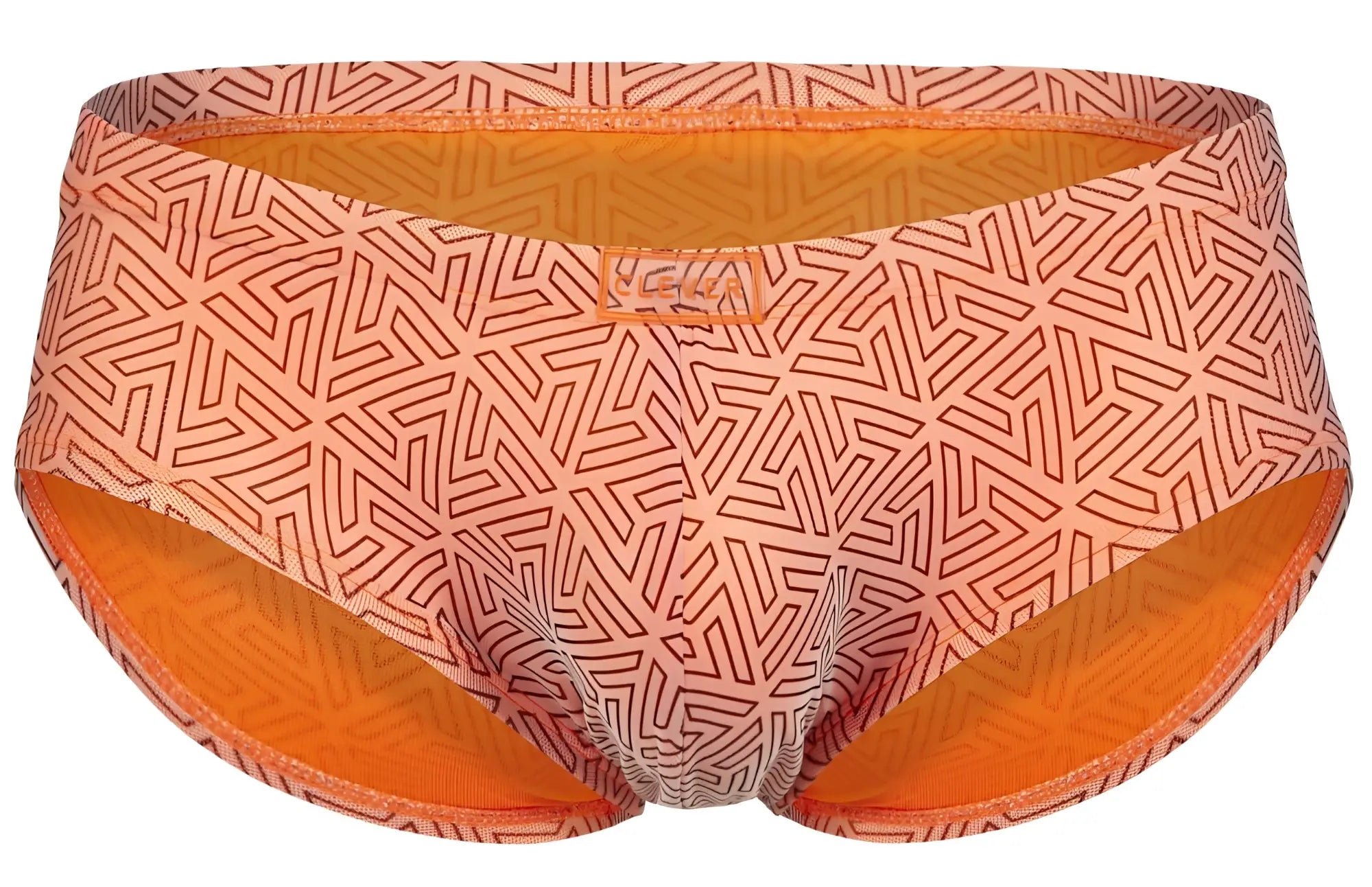Orange and peach patterned swim trunks with geometric design and orange inner lining from clever 2017 neon briefs