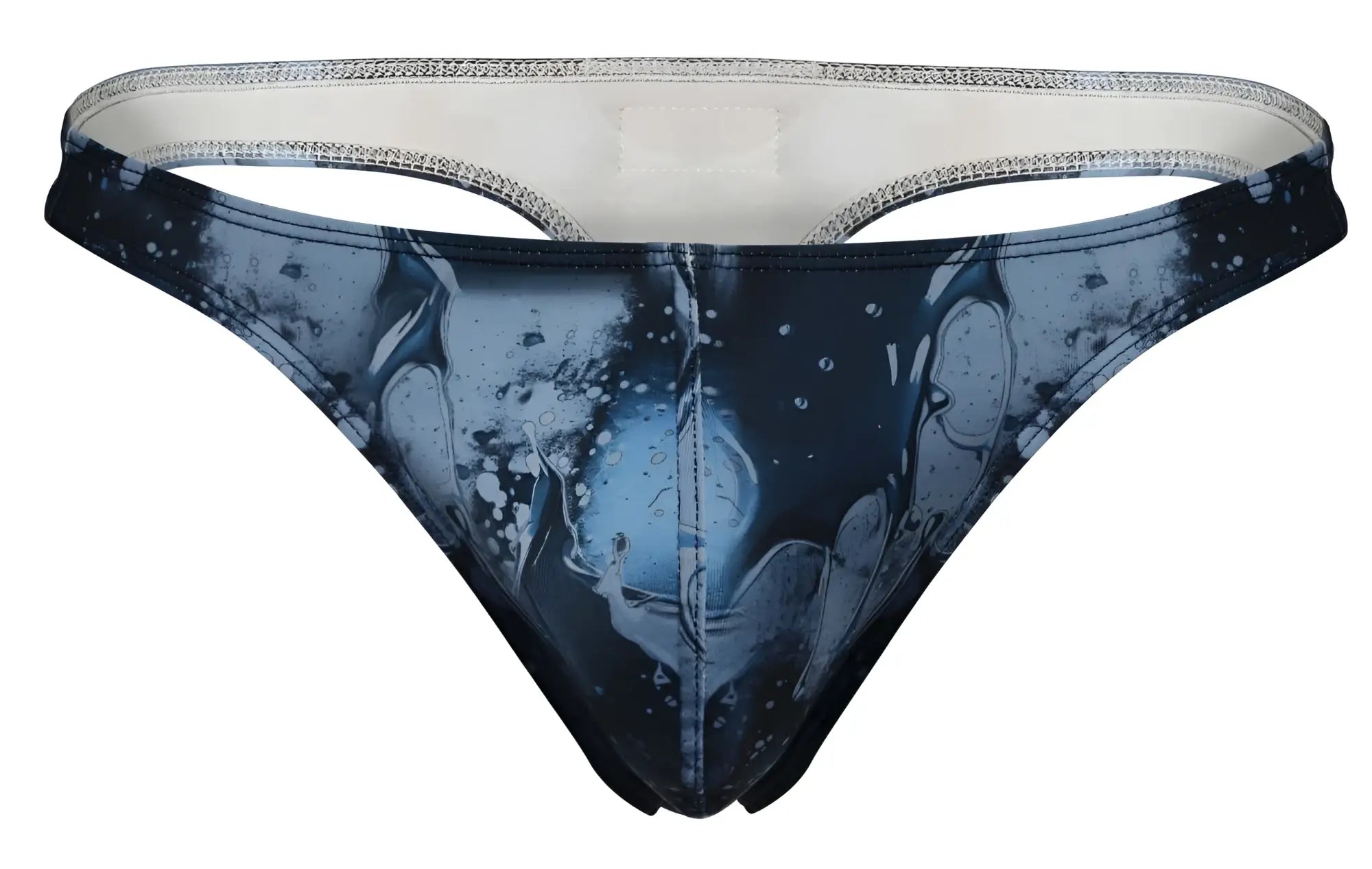 Blue and black abstract splash-patterned clever 2020 galia men’s thong with silver-trimmed waistband front view
