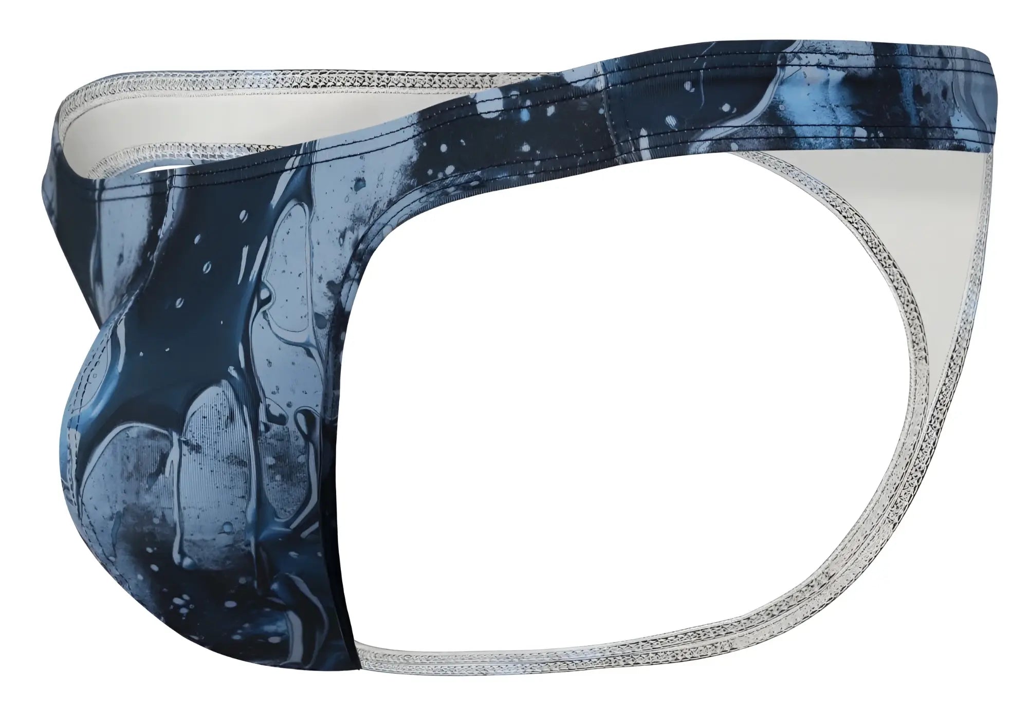 Blue and white abstract splash-patterned clever 2020 galia thongs with silver-toned trim in dark blue