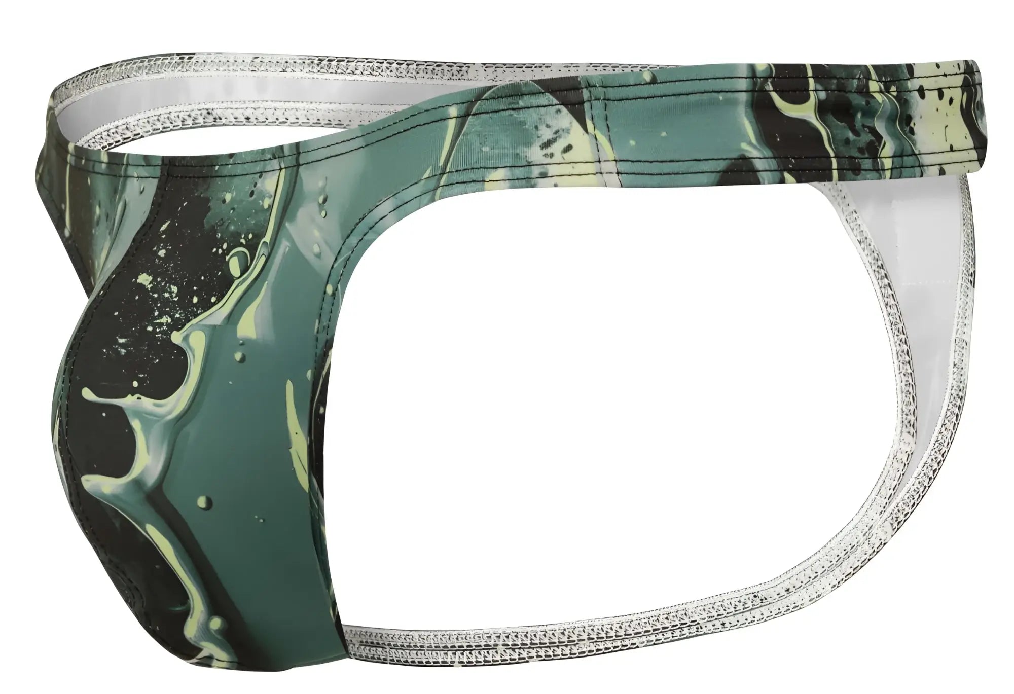 Men’s green and black marbled briefs with silver zipper trim from clever 2020 galia thongs collection