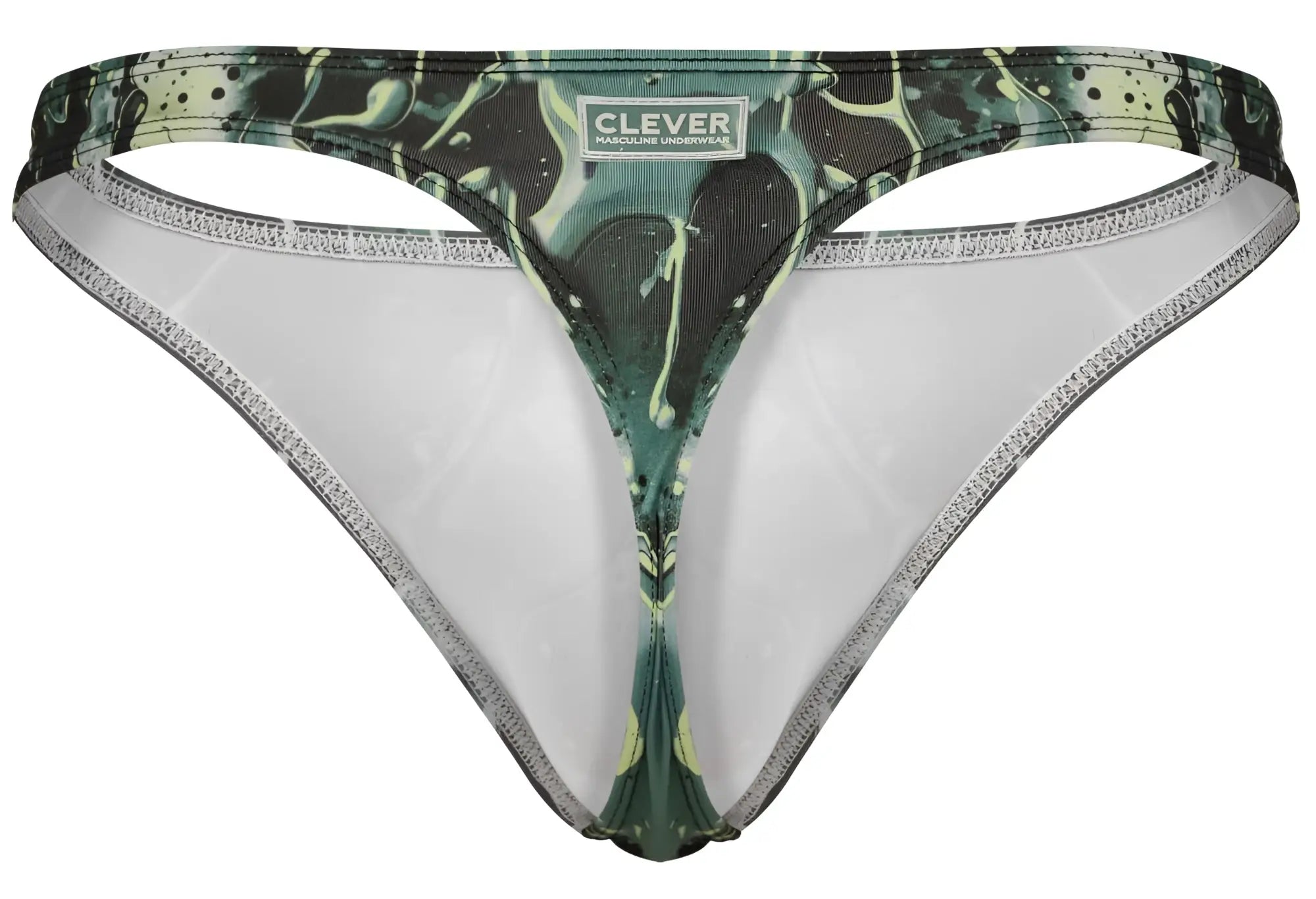 Green and black splatter-patterned Clever 2020 Galia thong with white interior lining showing the front side