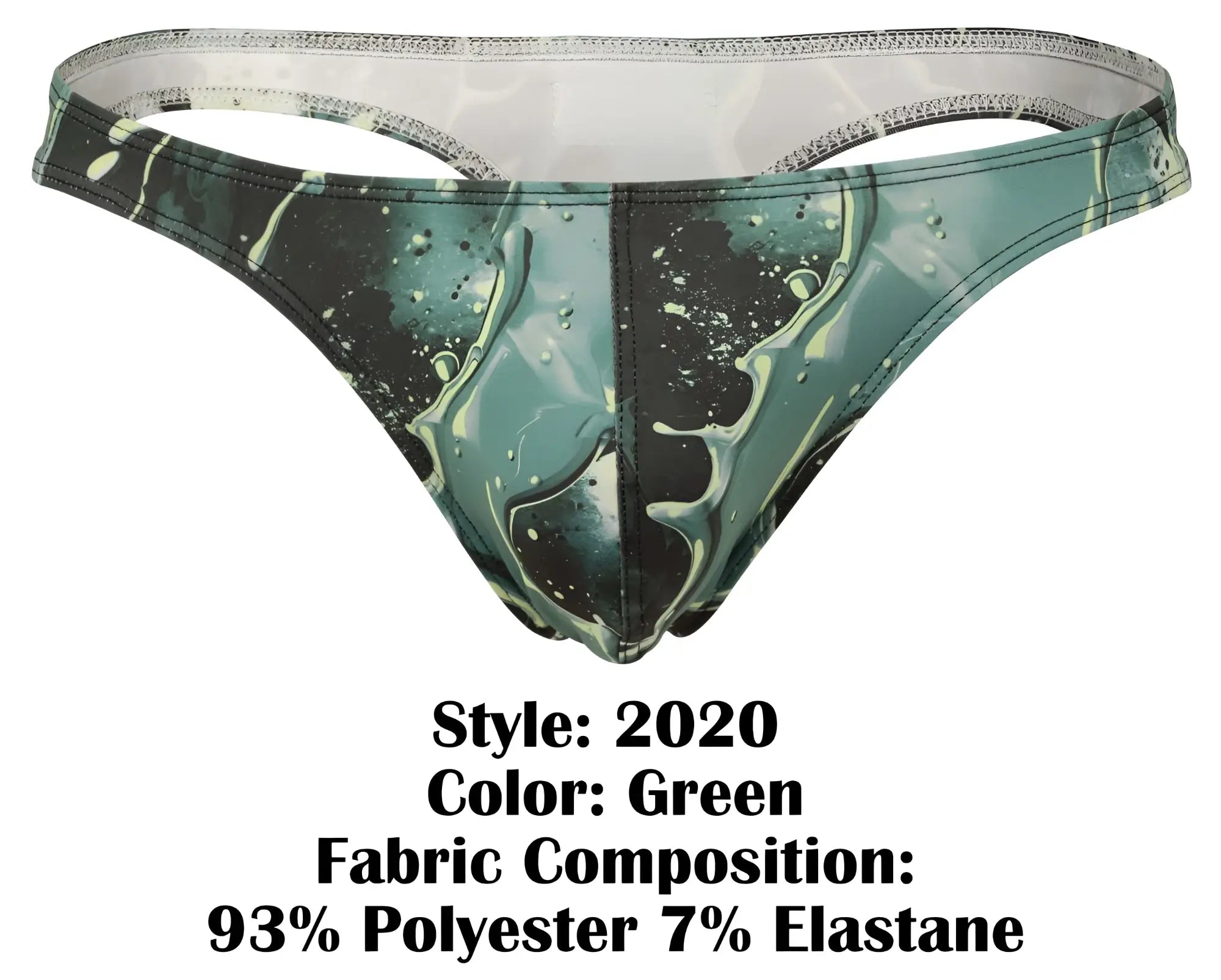 Green patterned clever 2020 galia thong with marbled teal and black water-like design front view