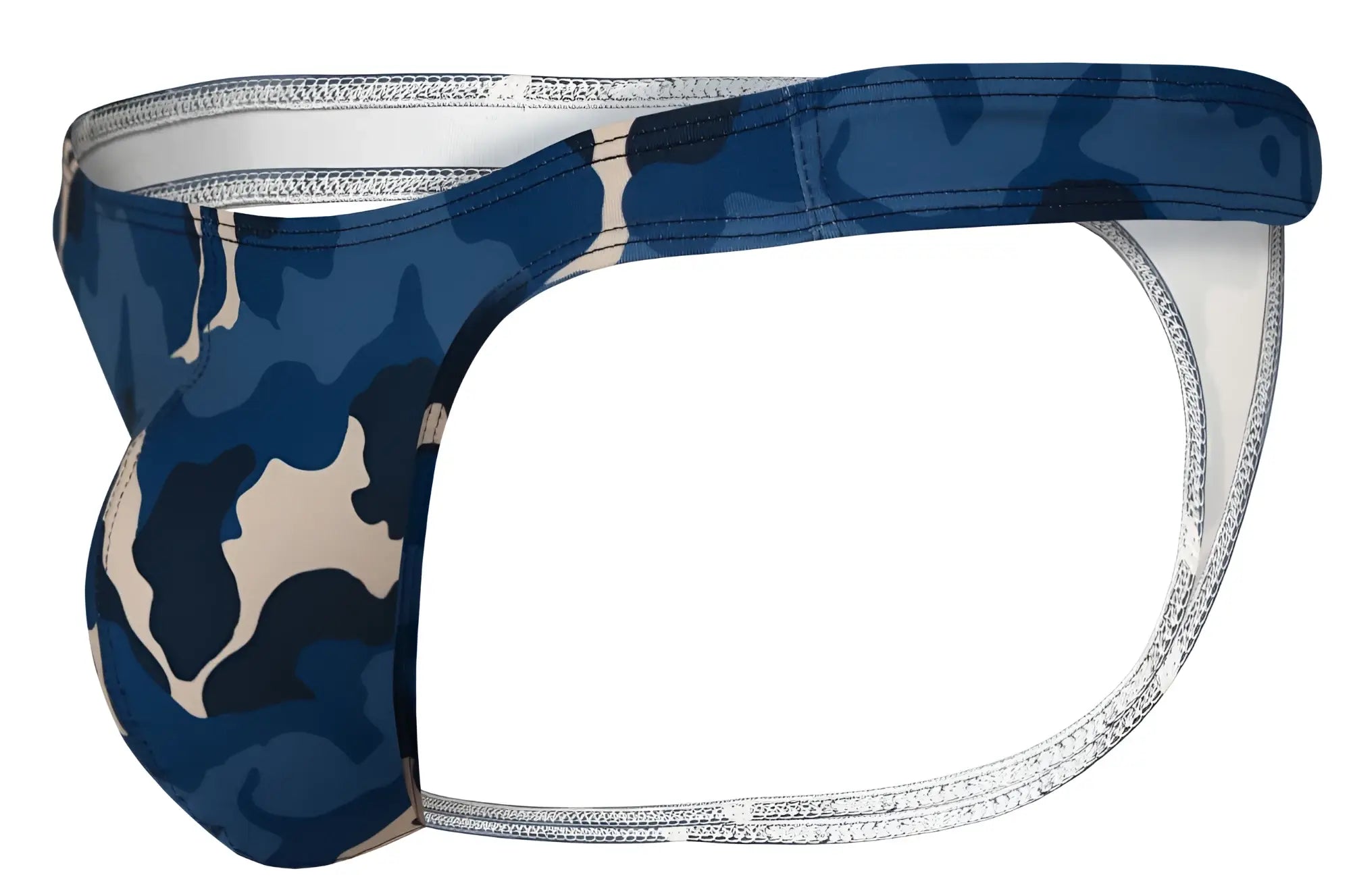 Blue and beige camouflage patterned men’s thong with silver zipper trim from clever 2023 almeria thongs