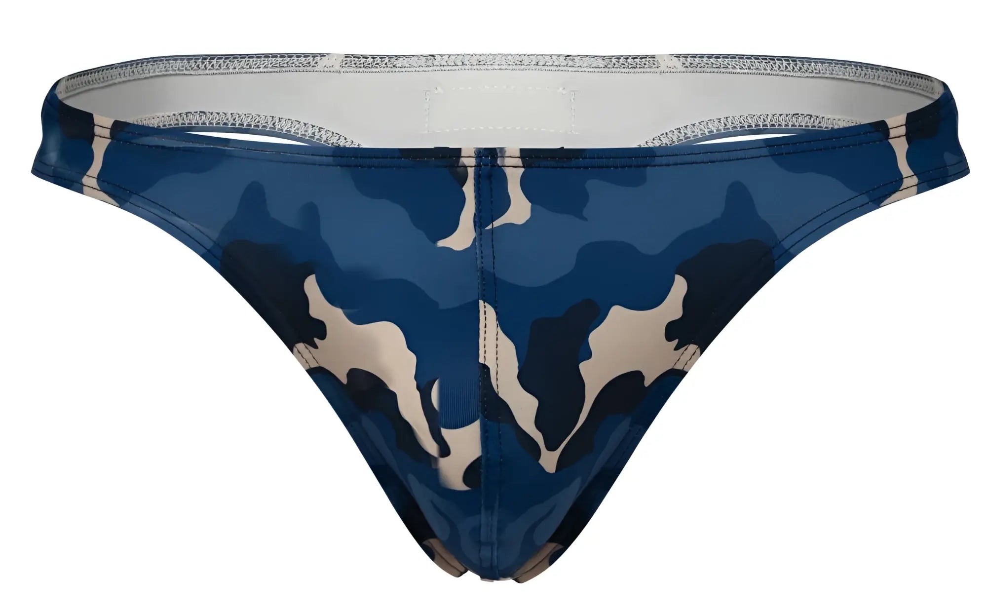 Clever 2023 almeria thongs in blue with beige camouflage pattern and glossy finish swim trunks front view