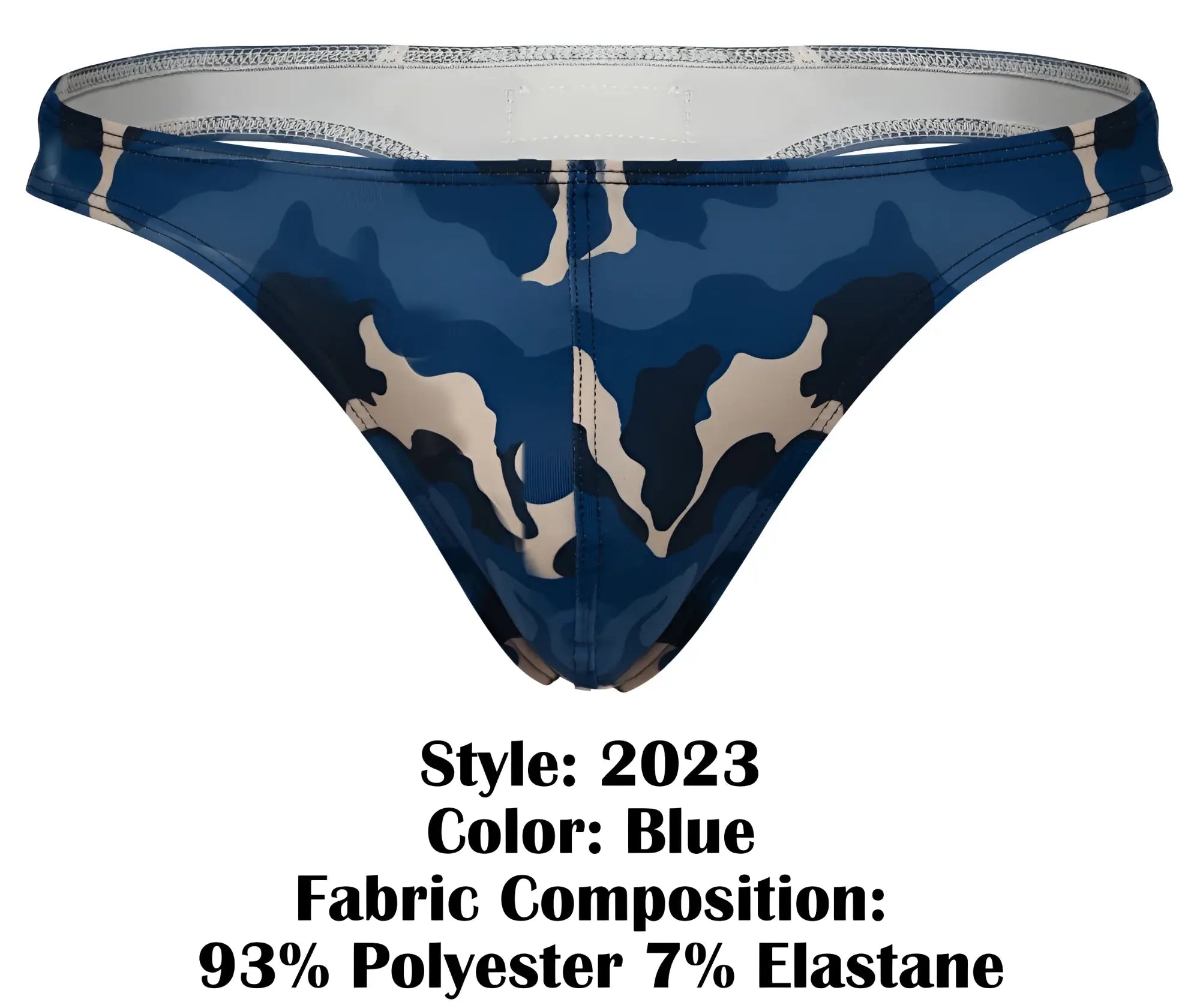 Blue camouflage pattern clever 2023 almeria thong made from 93 polyester 7 elastane shown from the back side