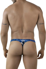 Back view of clever 2023 almeria thong in blue with blue camouflage pattern and white logo patch for a modern look