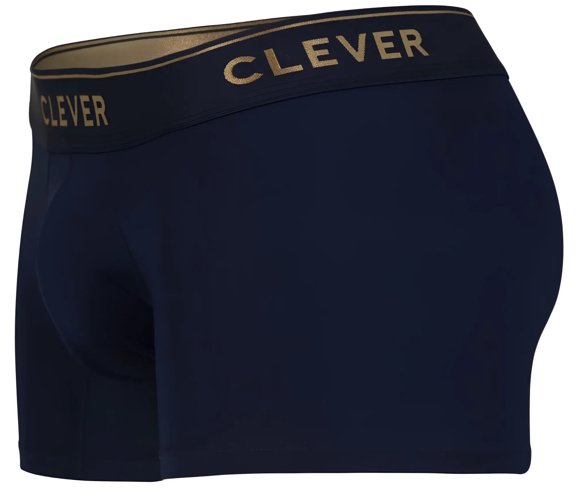 Navy blue clever 2026 Valladolid trunks with gold trim waistband and clever brand name in gold lettering