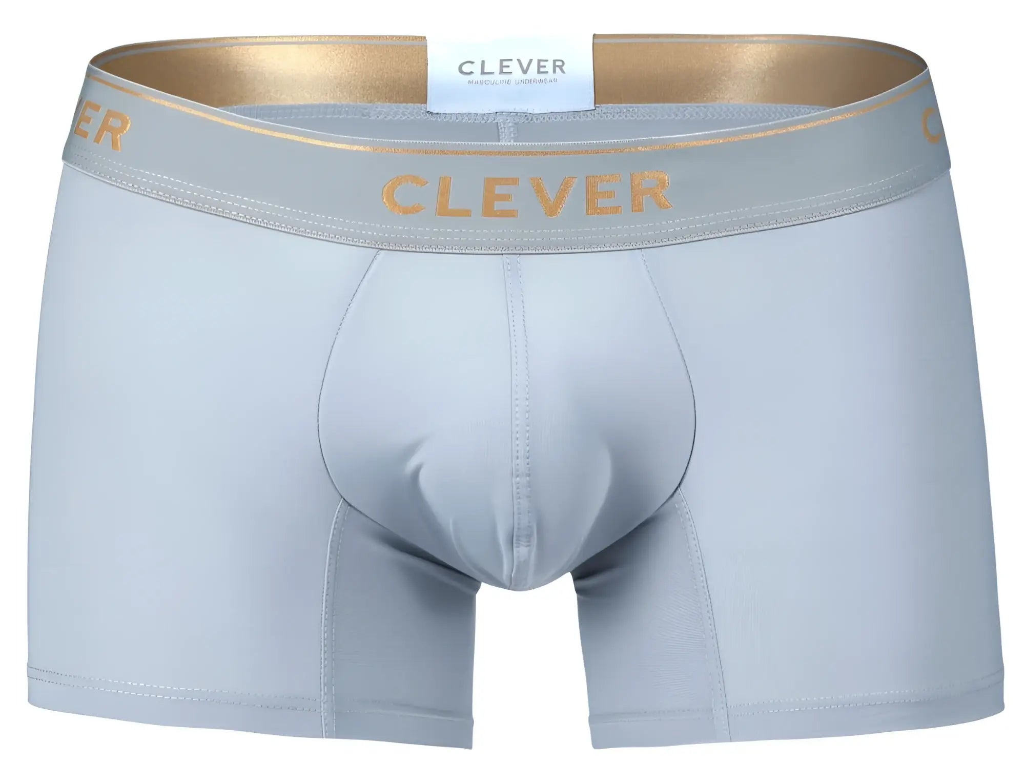 Light gray clever 2026 valladolid trunks with gold-trimmed waistband and matching gold clever branding