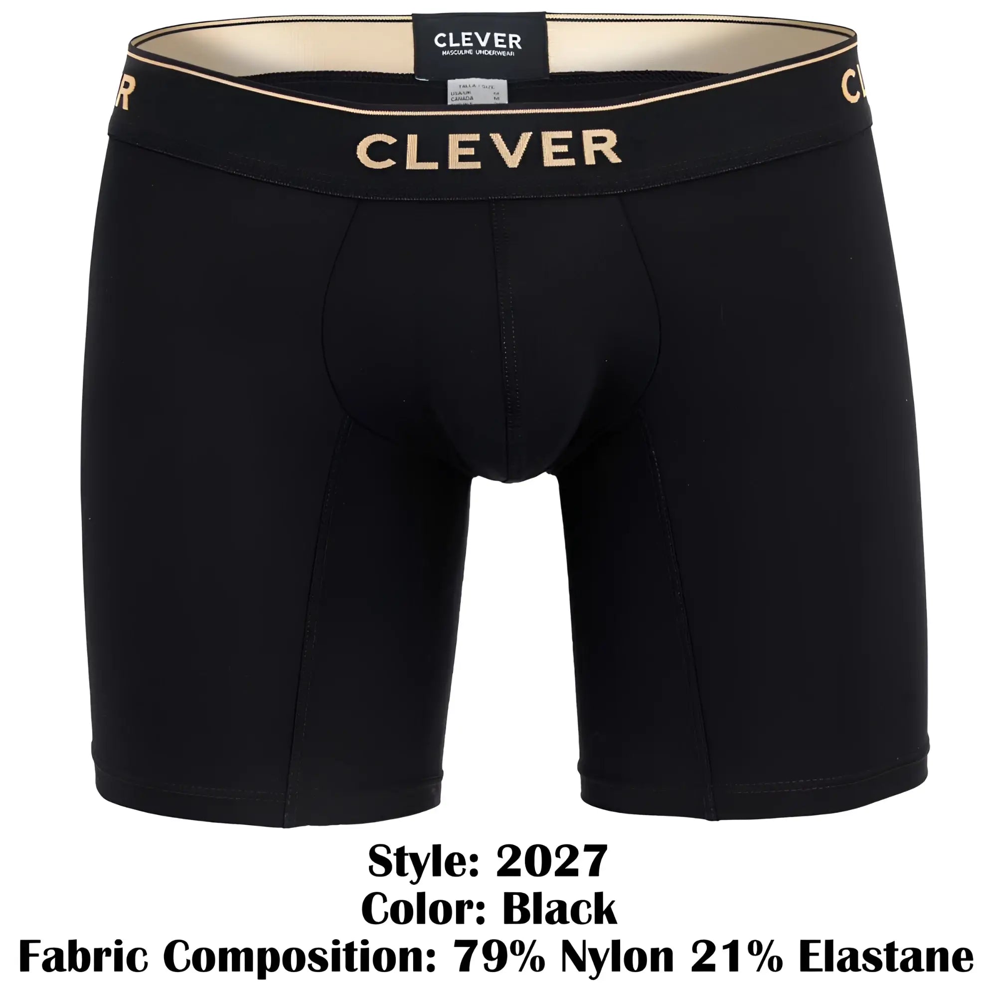 Black clever 2027 valladolid boxer briefs with gold waistband lettering and beige inner lining for comfortable wear