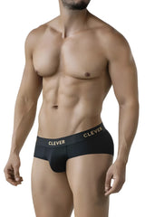 Black clever 2028 valladolid briefs for men featuring gold lettering on the waistband in black fabric