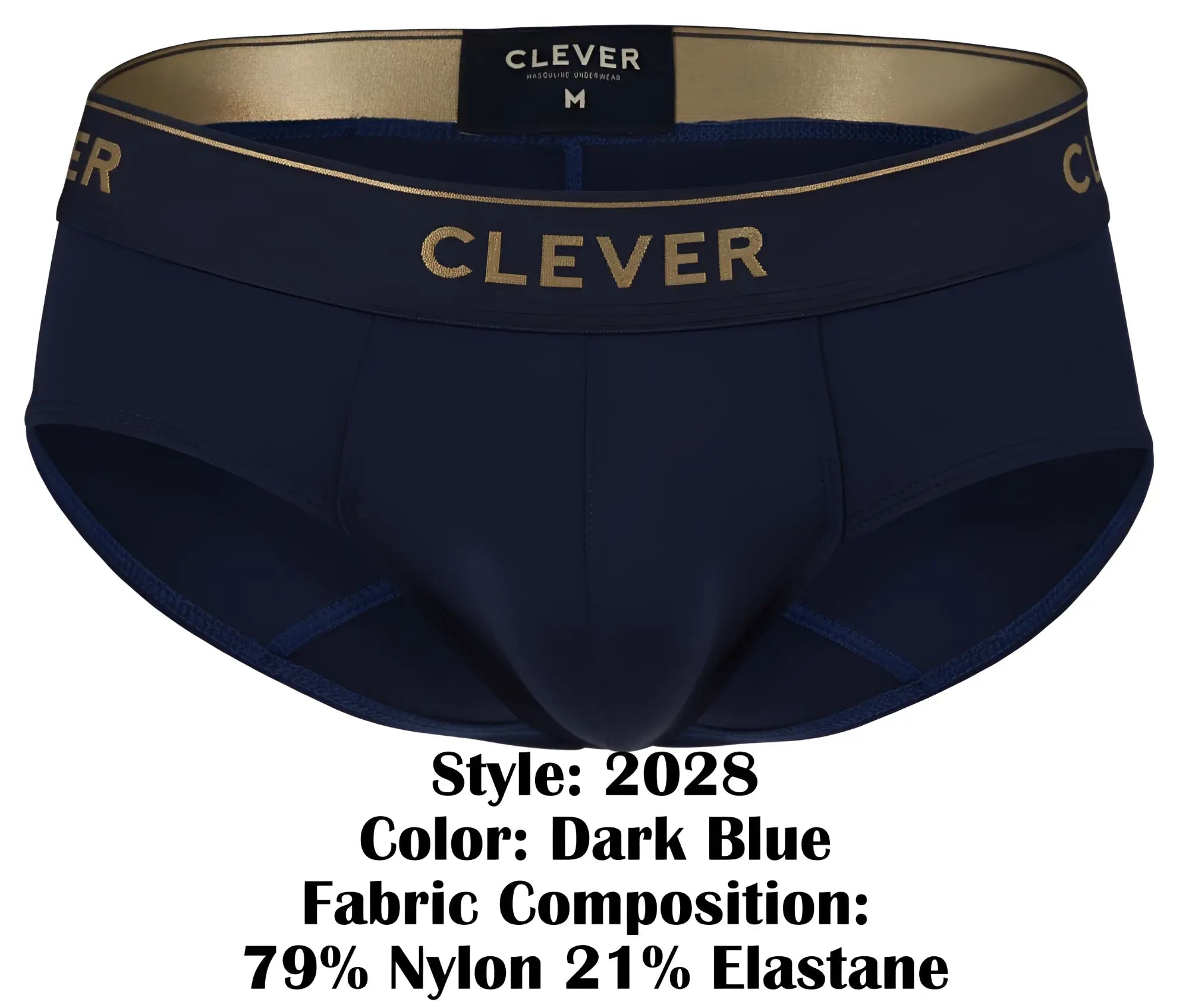 Dark blue clever 2028 valladolid men’s briefs with gold trim and branding in a sleek design