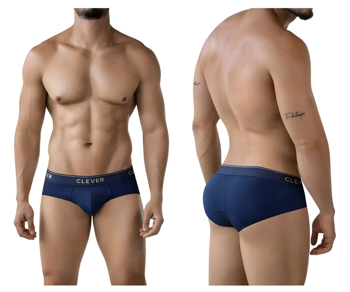 Navy blue cotton clever 2028 Valladolid briefs with white clever logo on waistband front side view