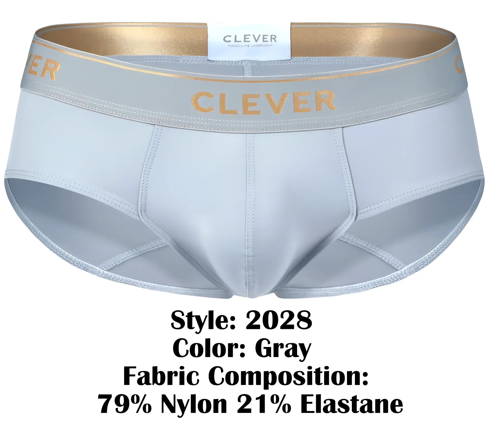 Gray clever 2028 valladolid briefs with gold-trimmed waistband and brand name embroidered in gold lettering
