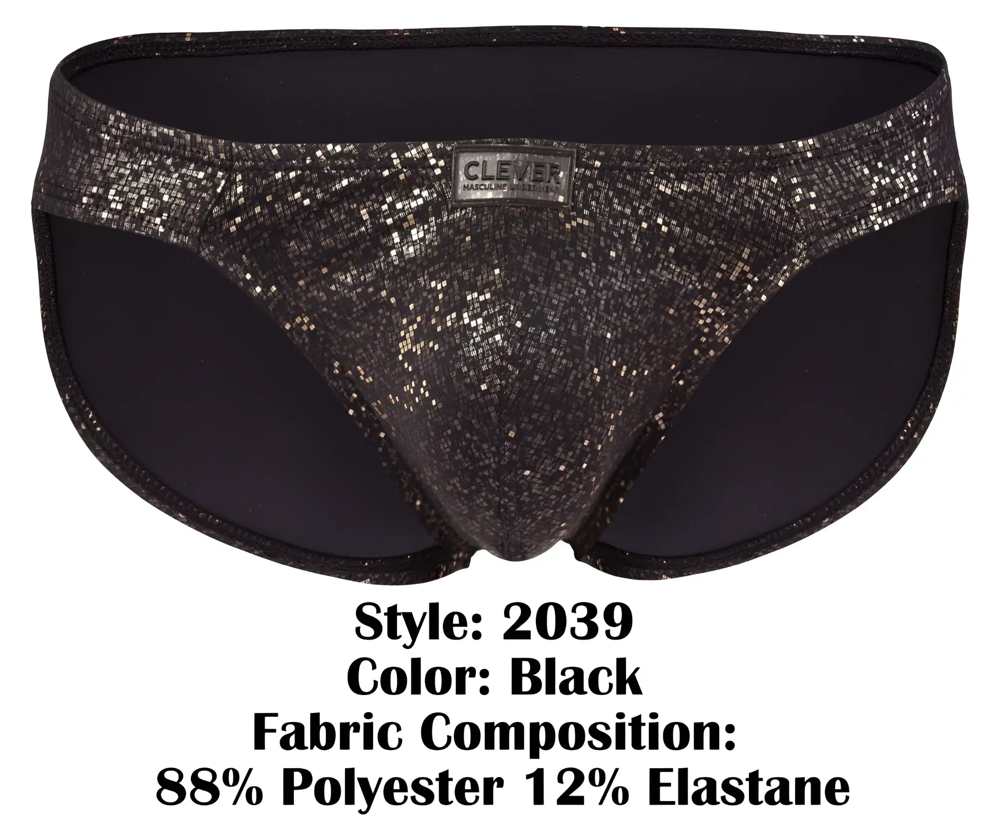 Black clever 2039 galaxy briefs featuring a sleek shiny texture with subtle shimmering glitter pattern