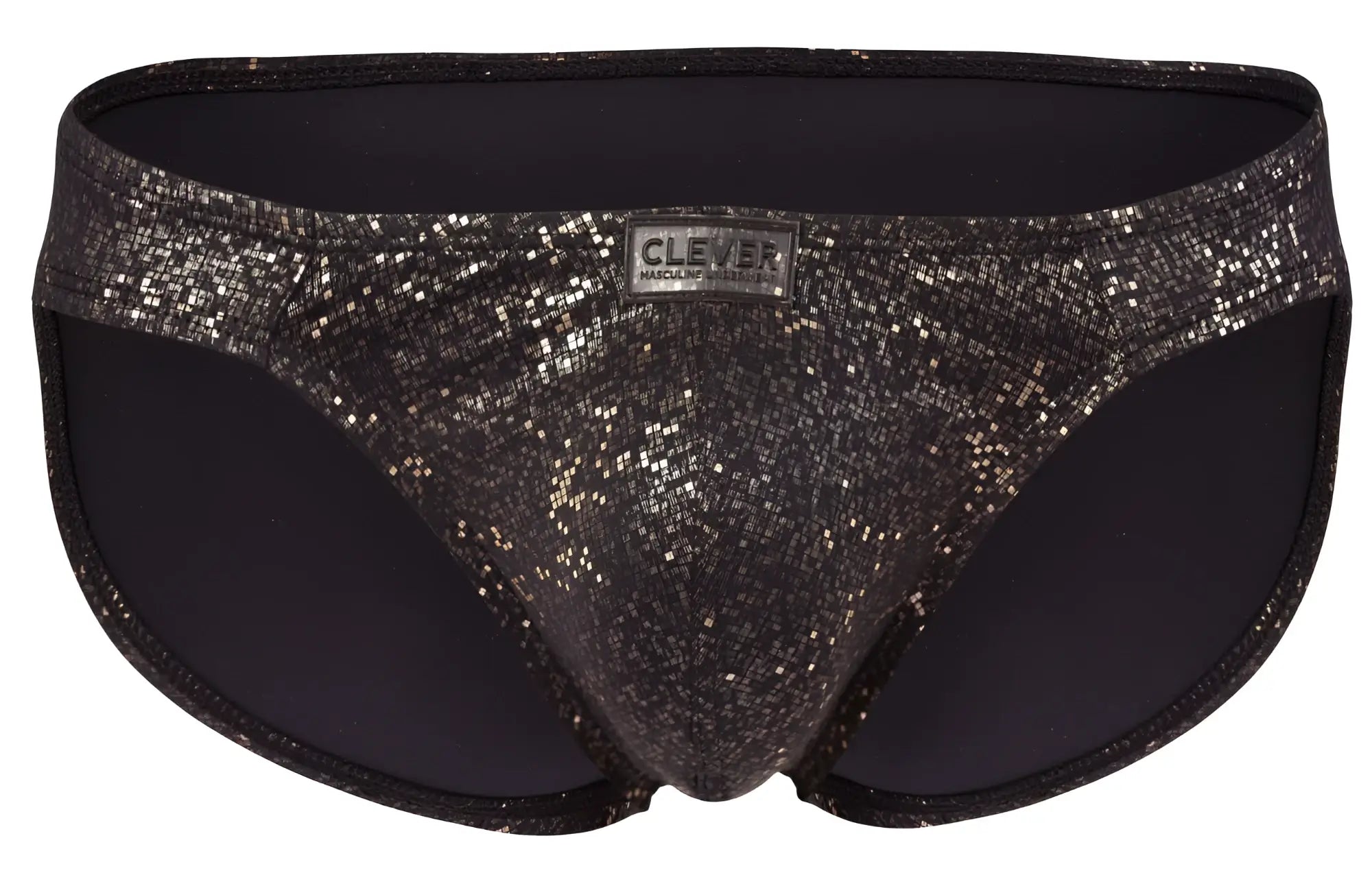 Black clever 2039 galaxy briefs with glittery fabric shimmering texture and branded waistband label