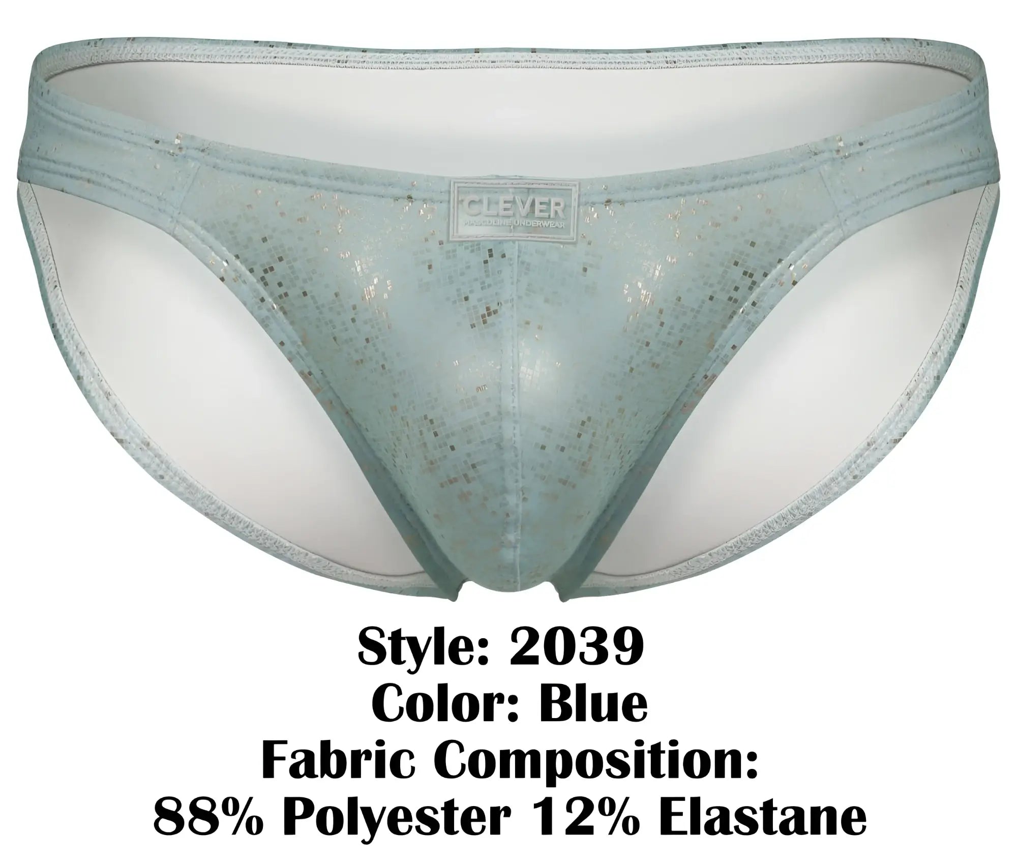 Light blue sheer lace Clever 2039 Galaxy briefs with subtle glittery pattern and branded label