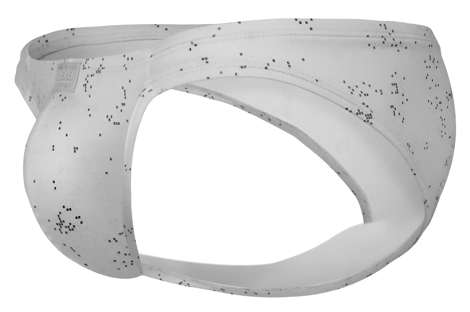 White clever 2039 galaxy briefs with a subtle black speckled pattern featuring a sleek modern design