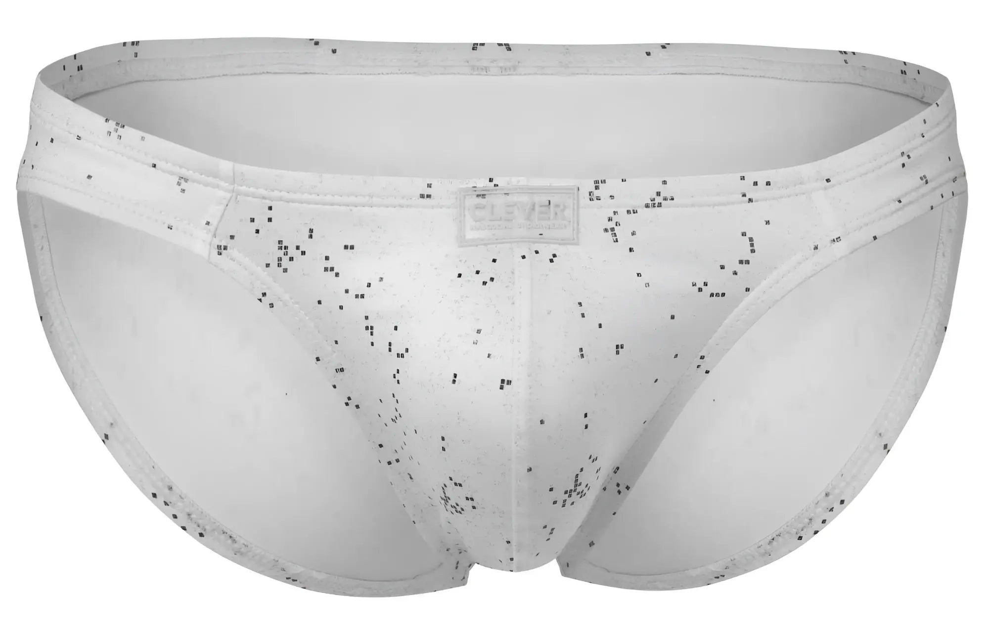 White clever 2039 galaxy briefs with a subtle black speckled pattern and a small rectangular brand tag on the waistband