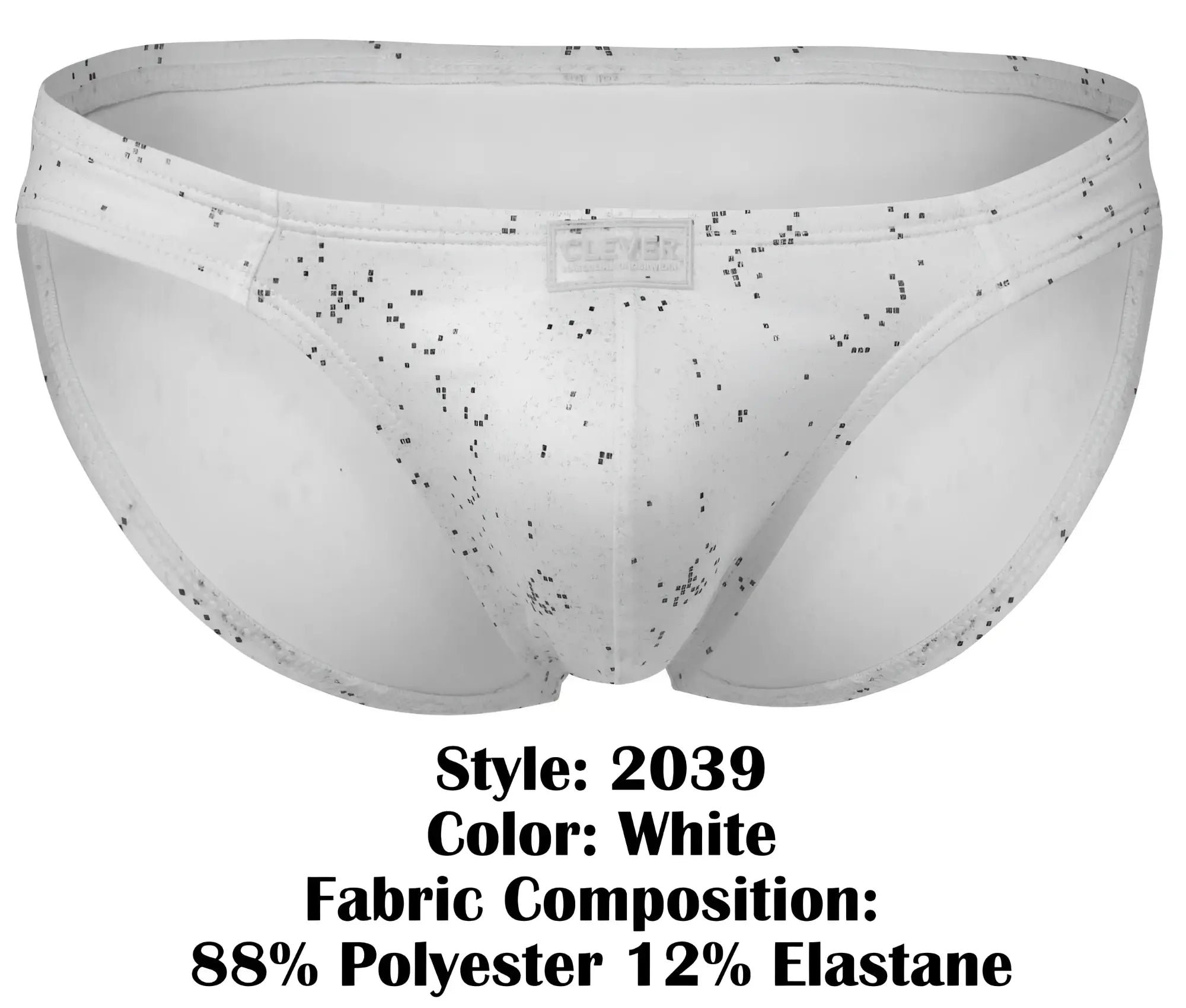 White clever 2039 galaxy briefs with subtle black speckled pattern made of 88% polyester and 12% elastane