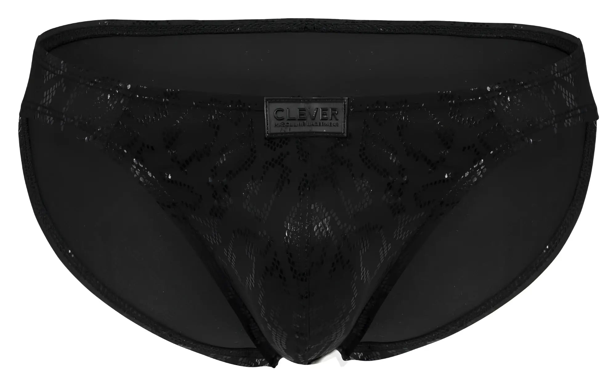 Black clever 2040 luxe briefs with lace trim subtle pattern and branded label in men’s underwear design