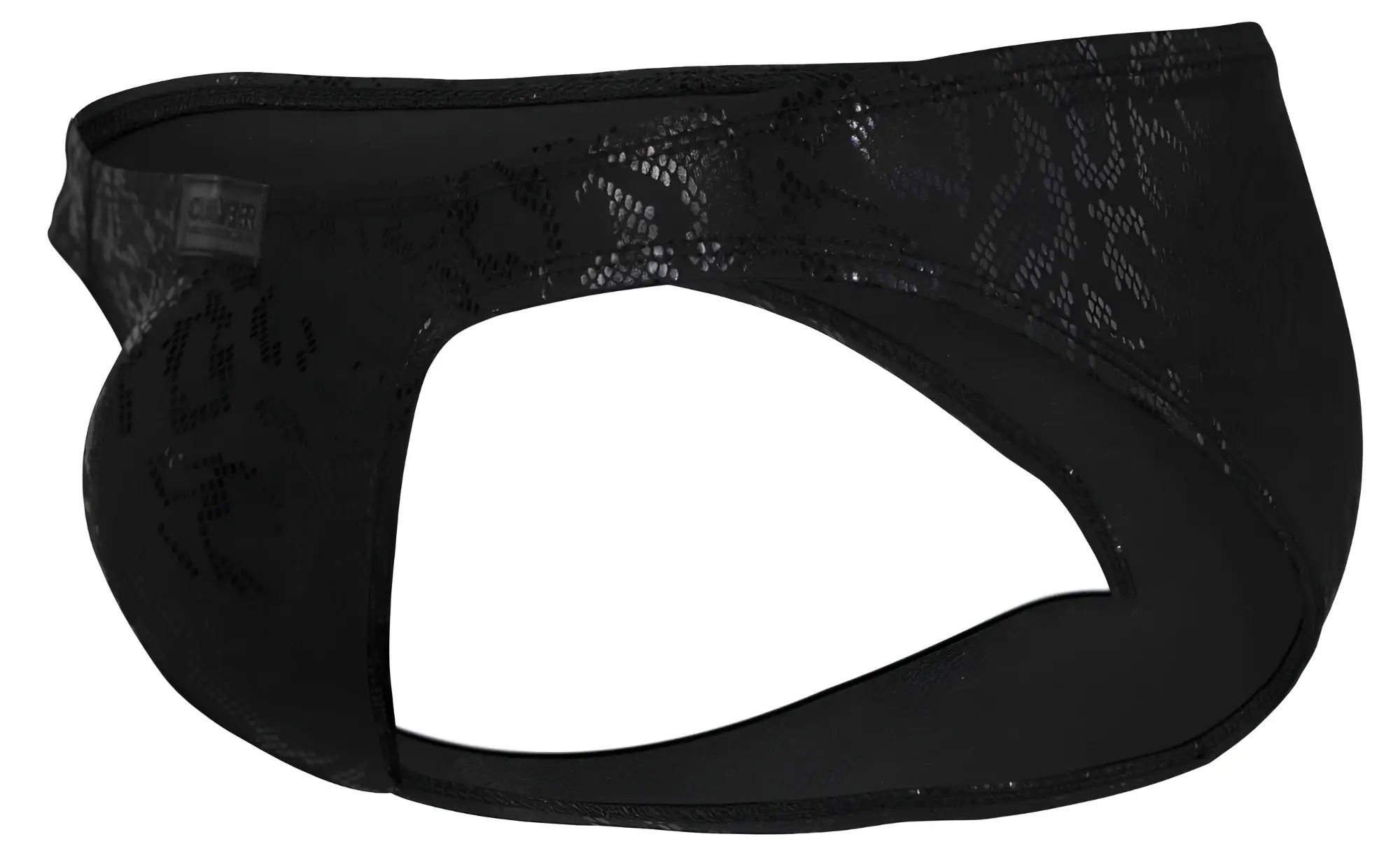 Black lace-trimmed men’s briefs with subtle snakeskin pattern and elastic waistband in black clever 2040 luxe briefs