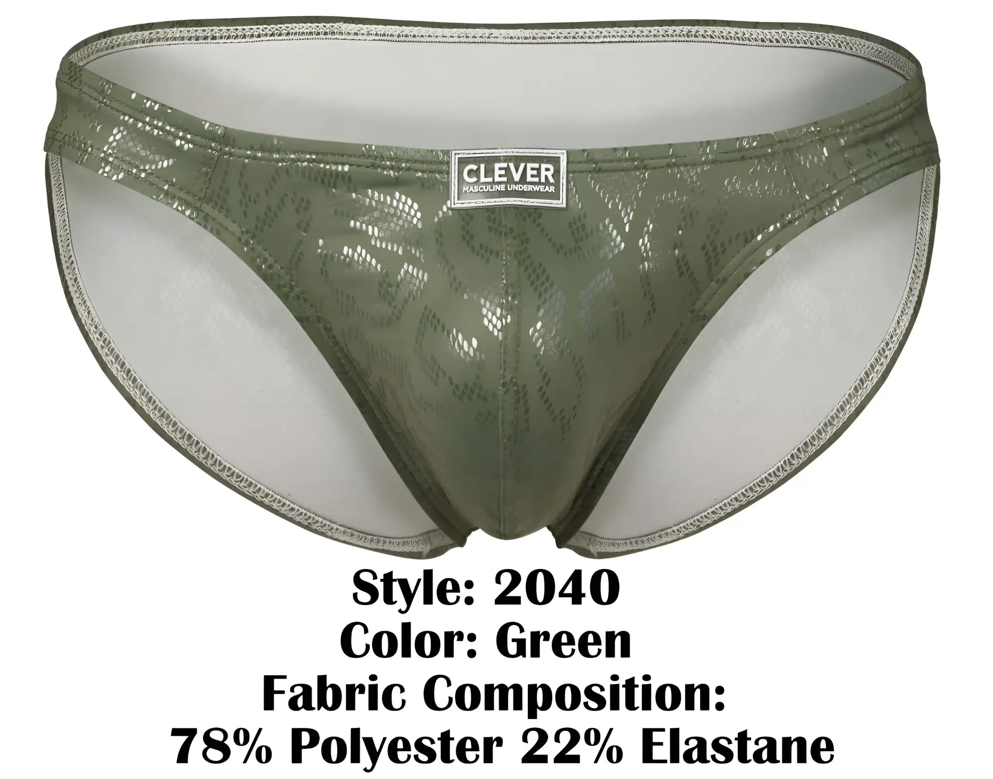 Olive green shiny lace-trimmed men’s briefs with Clever brand label from Clever 2040 Luxe Briefs collection