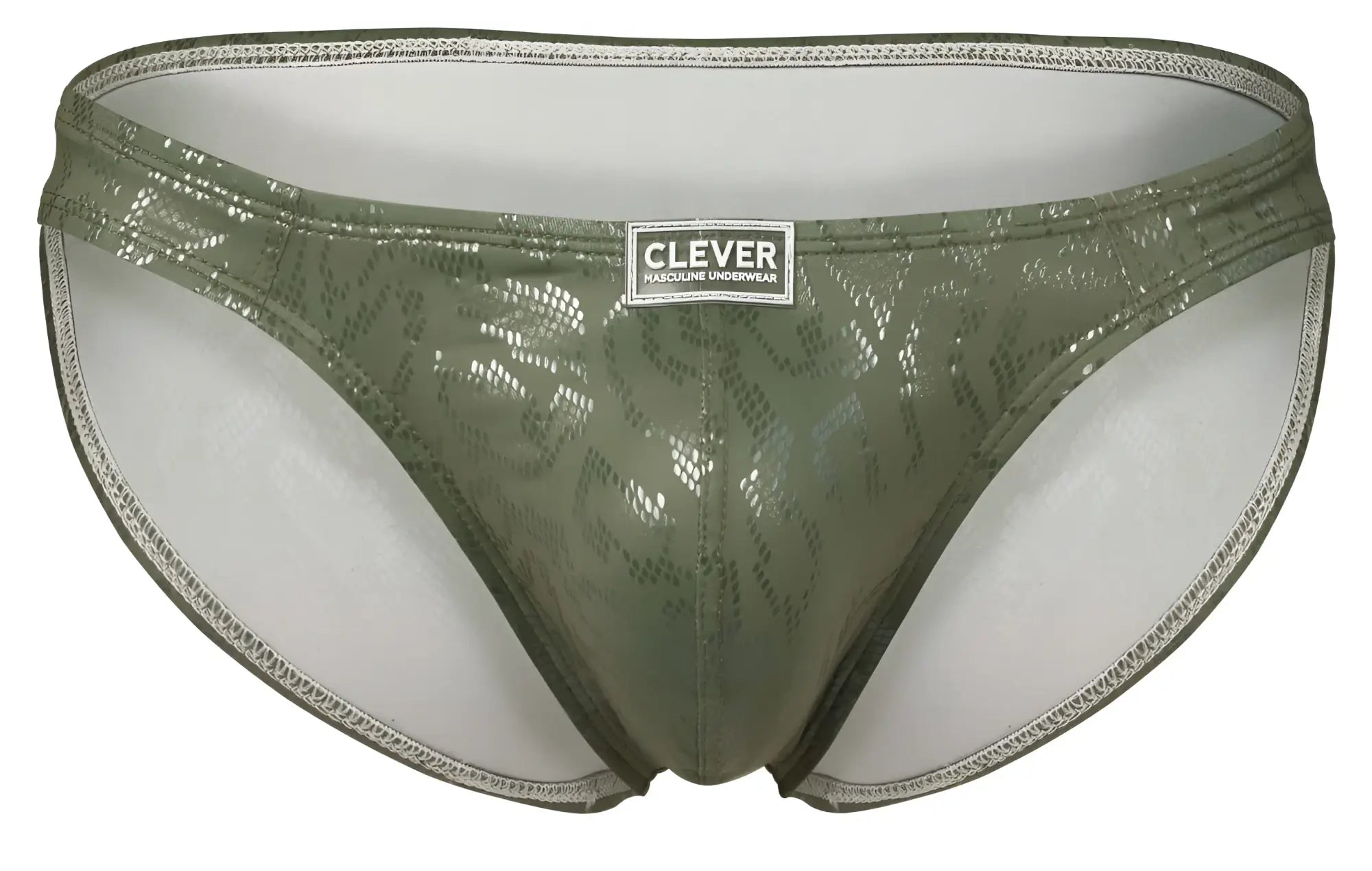 Olive green shiny snake-patterned men’s briefs with a white clever brand label from clever 2040 luxe briefs collection