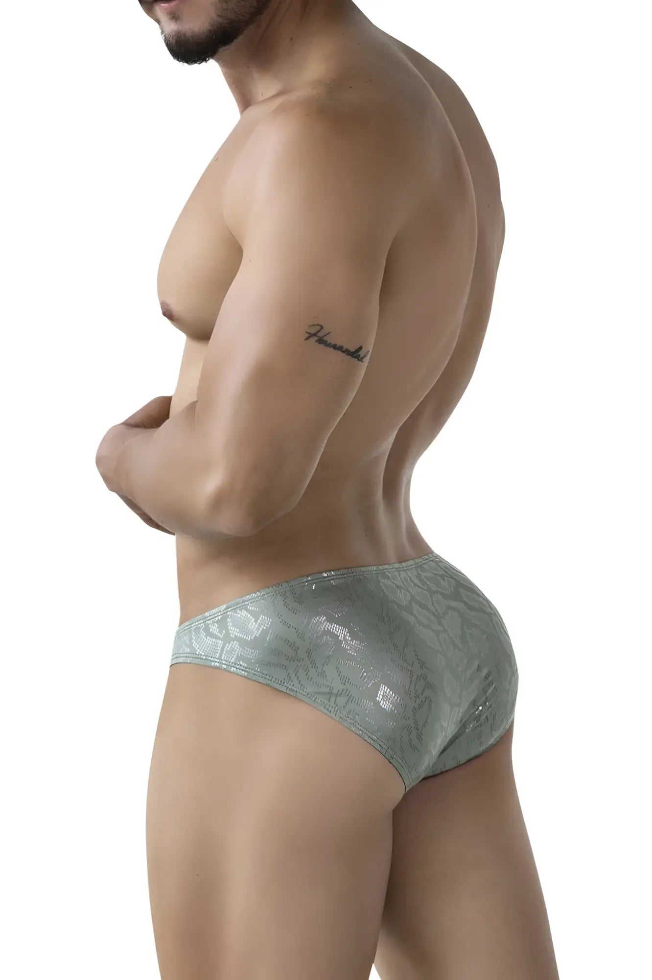 A sleek light green clever 2040 luxe brief with lace trim and subtle shimmering pattern in soft fabric