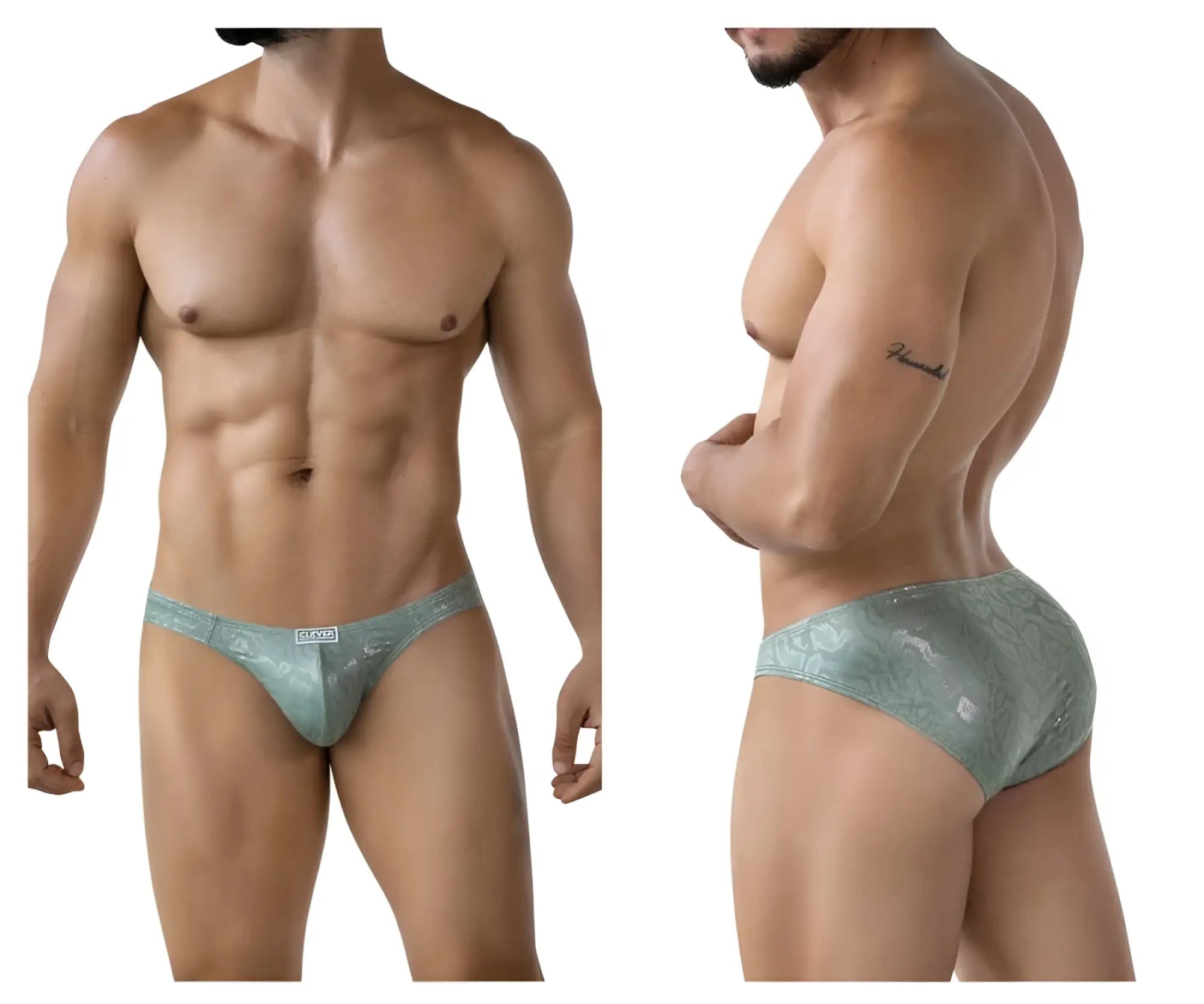A sleek light teal lace trimmed clever 2040 luxe brief with shimmering pattern and white brand tag at the waistband
