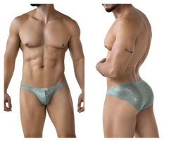 A sleek light teal lace trimmed clever 2040 luxe brief with shimmering pattern and white brand tag at the waistband