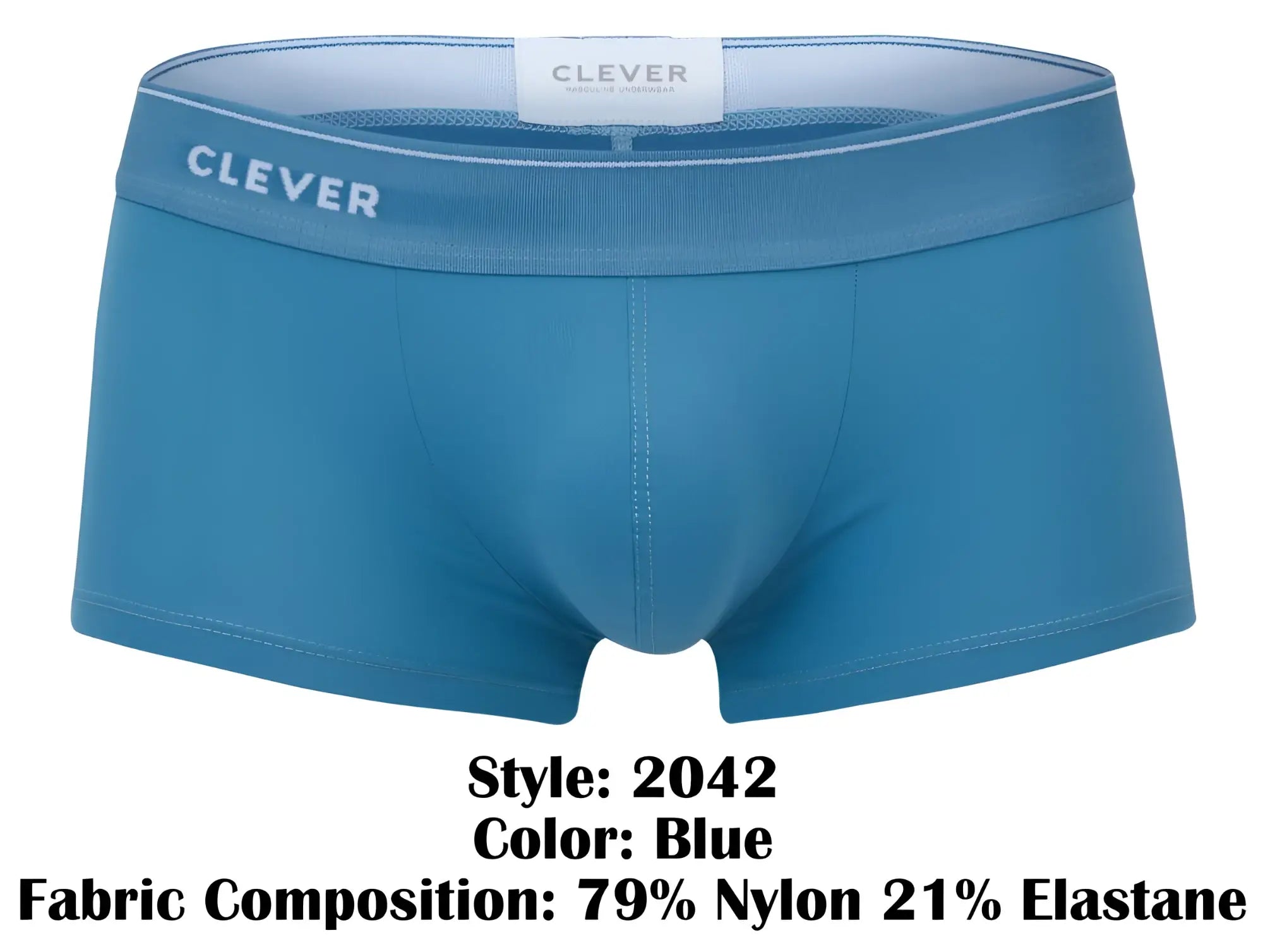 Blue clever 2042 mendoza trunks men’s boxer briefs made from 79% nylon 21% elastane in blue color