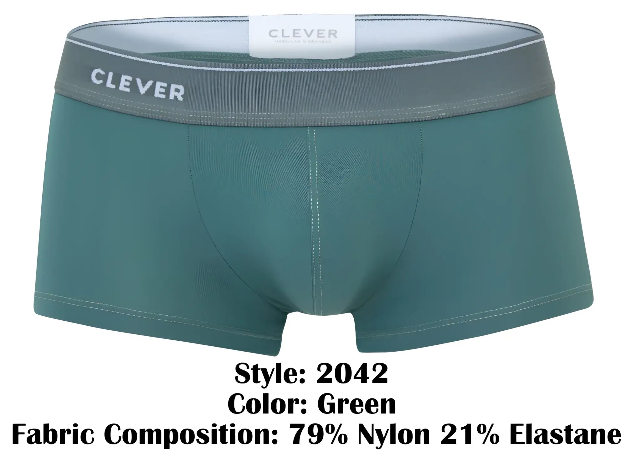 Green clever 2042 mendoza trunks made from 79% nylon and 21% elastane featuring a comfortable fit