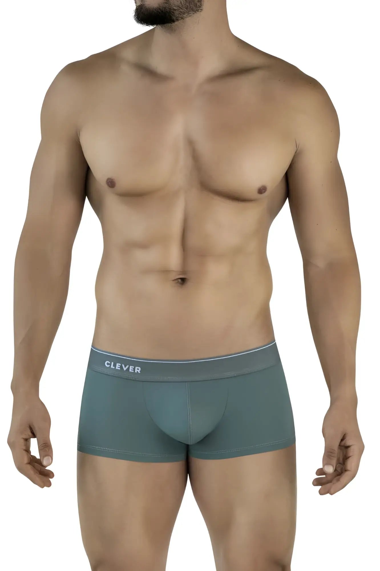 Teal-colored clever 2042 Mendoza trunks with a white waistband featuring the clever brand name in form-fitting fabric