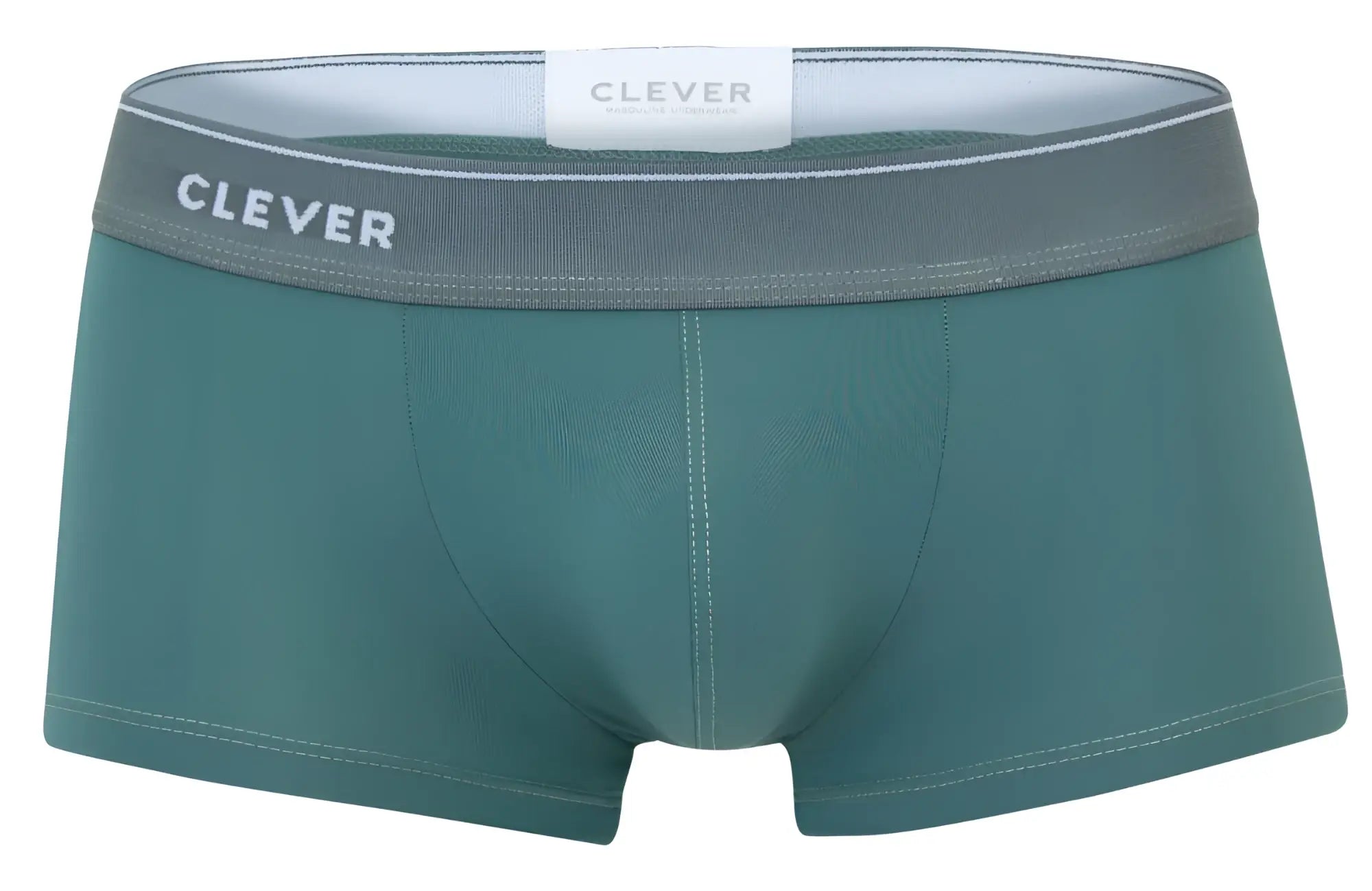 Teal clever 2042 Mendoza trunks with a gray waistband featuring white clever brand lettering for men