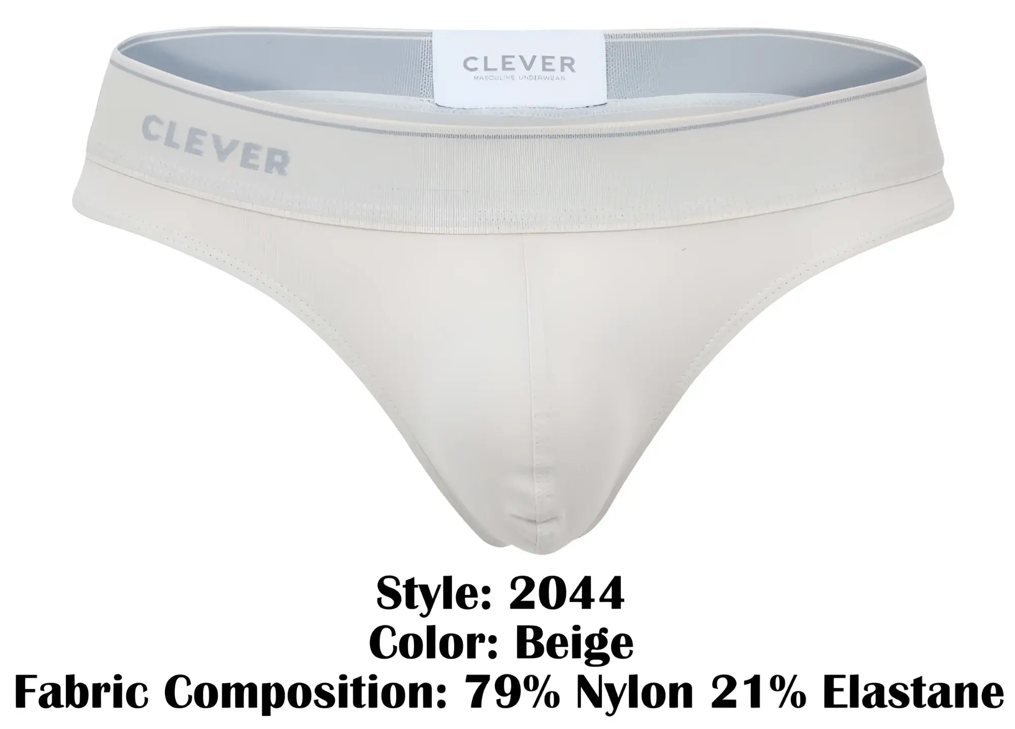 Beige clever 2044 mendoza thongs made from 79 percent nylon and 21 percent elastane shown from the back side