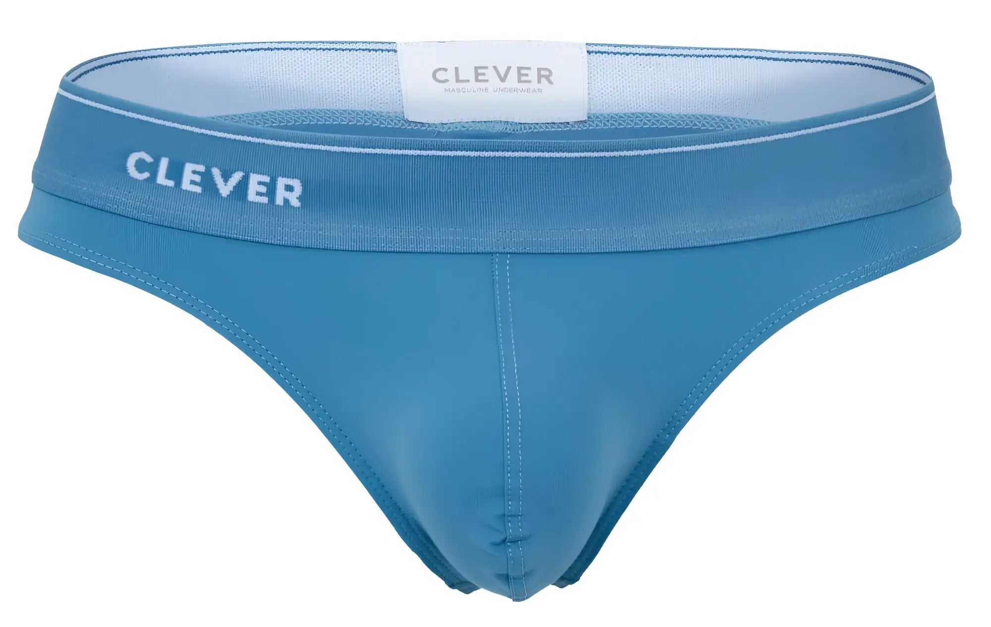 Blue clever 2044 mendoza thongs made of smooth stretchy fabric with white stitching along the waistband